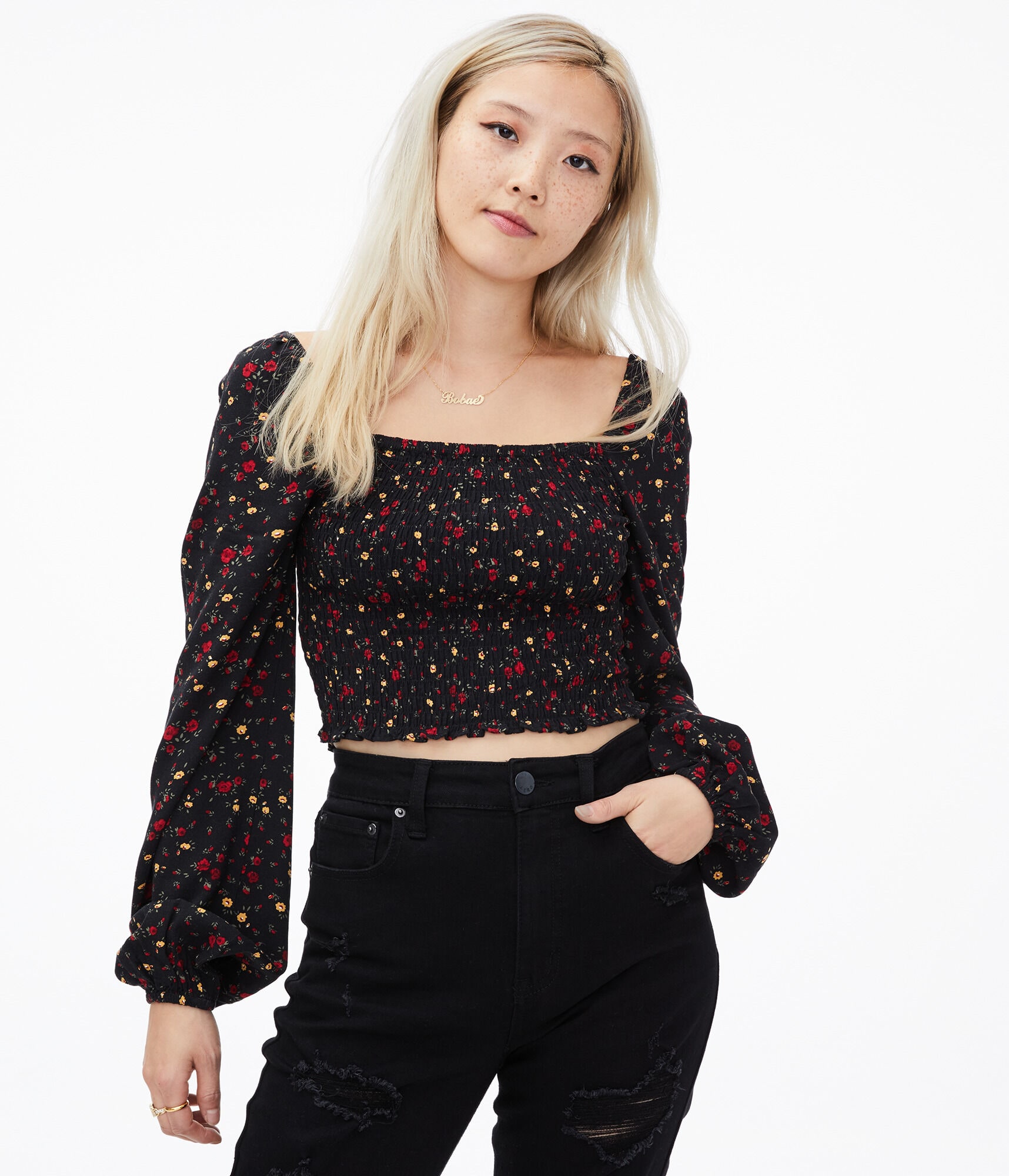 Long sleeve floral crop top clearance