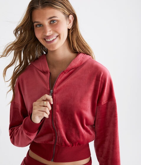 Velour Cropped Full-Zip Sleep Hoodie Velour Cropped Full-Zip Sleep Hoodie