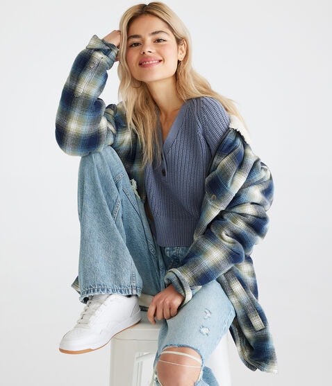Ribbed Cropped V-Neck Henley Sweater