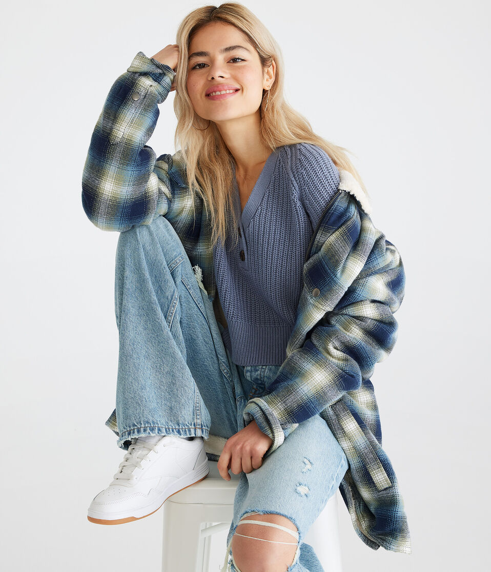 Ribbed Cropped V-Neck Henley Sweater