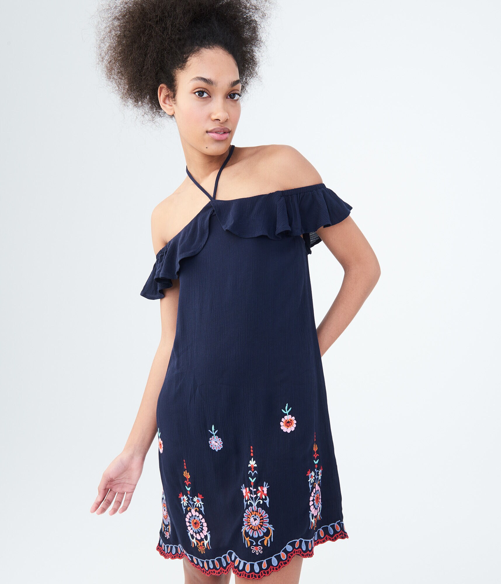 Floral Embroidered Halter Shift Dress