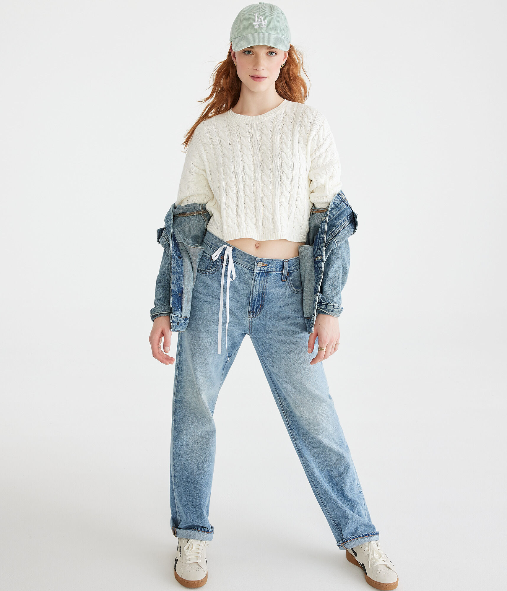 Cable-Knit Cropped Crew Sweater