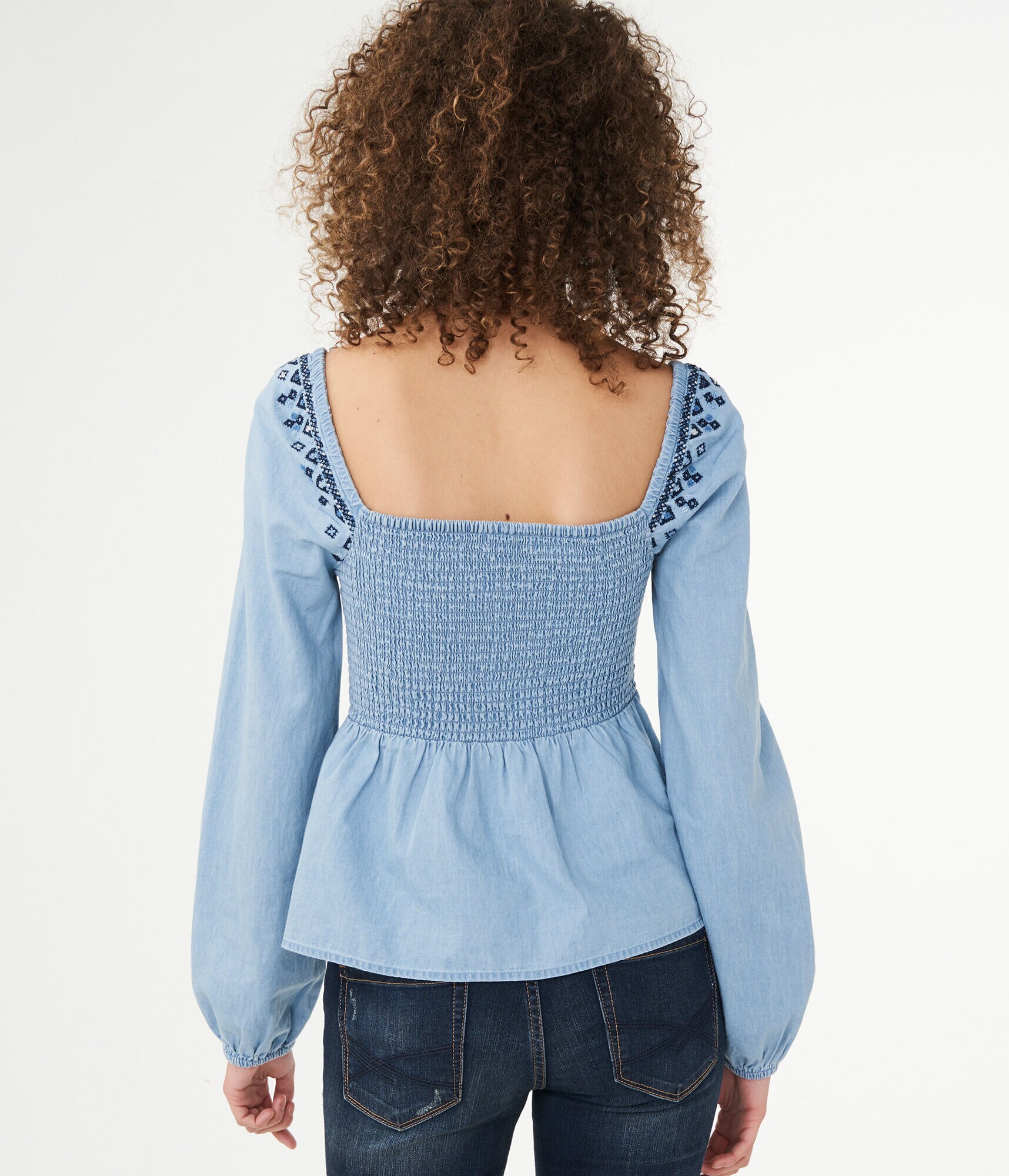 Long Sleeve Embroidered Babydoll Peasant Top