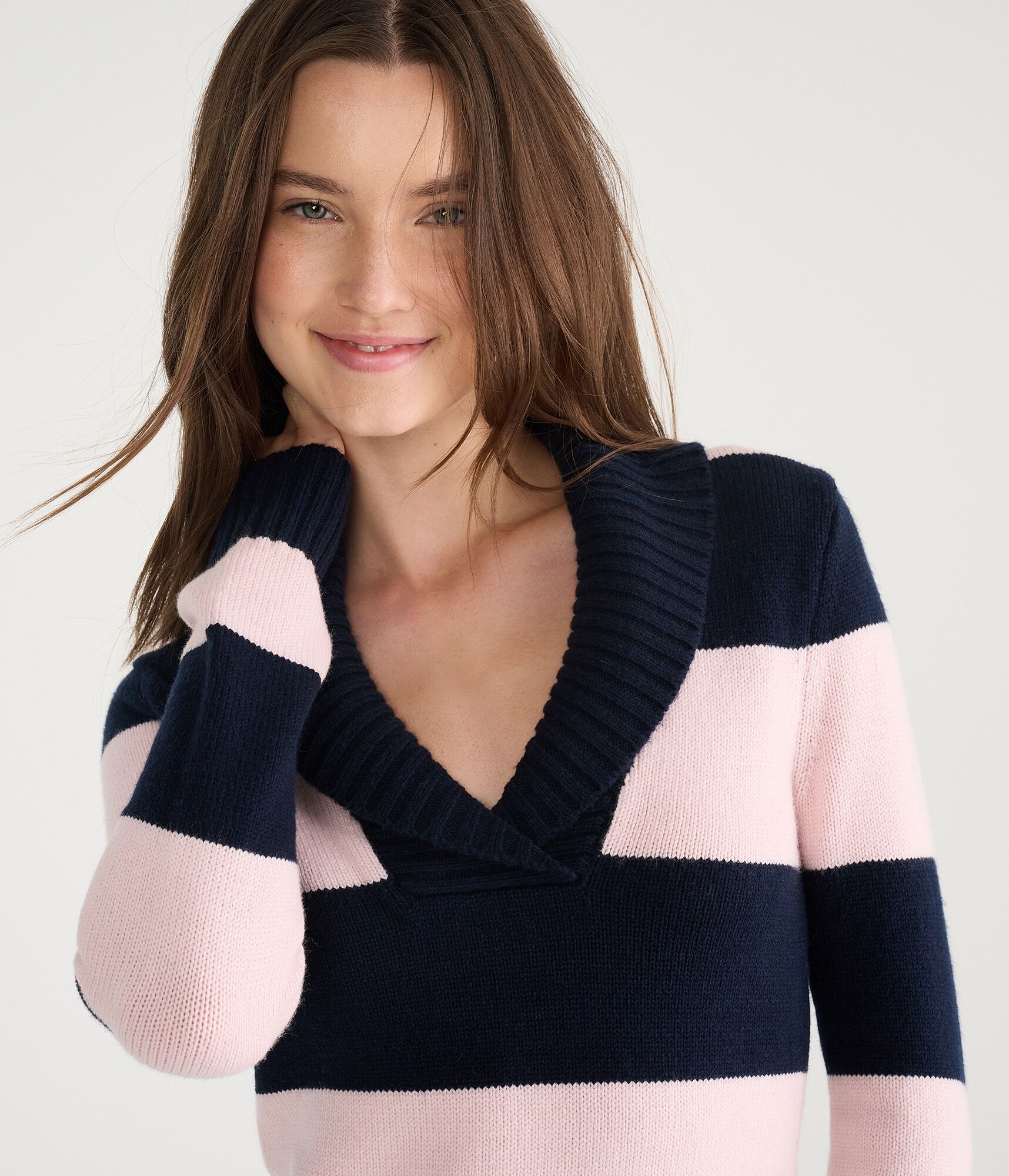 Striped Shawl Collar V-Neck Sweater