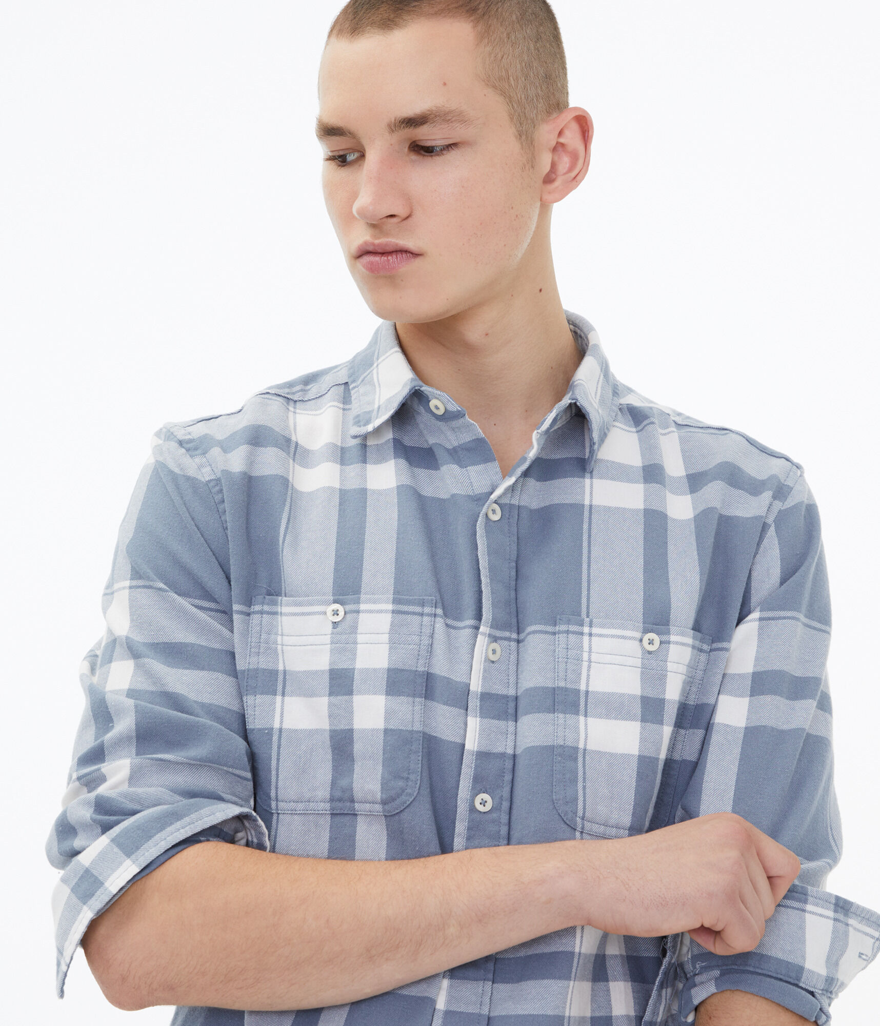 Long Sleeve Relaxed Plaid Flannel Button-Down Shirt