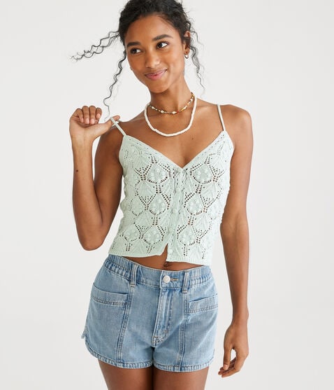 Crocheted Button-Front Cropped V-Neck Tank Crocheted Button-Front Cropped V-Neck Tank