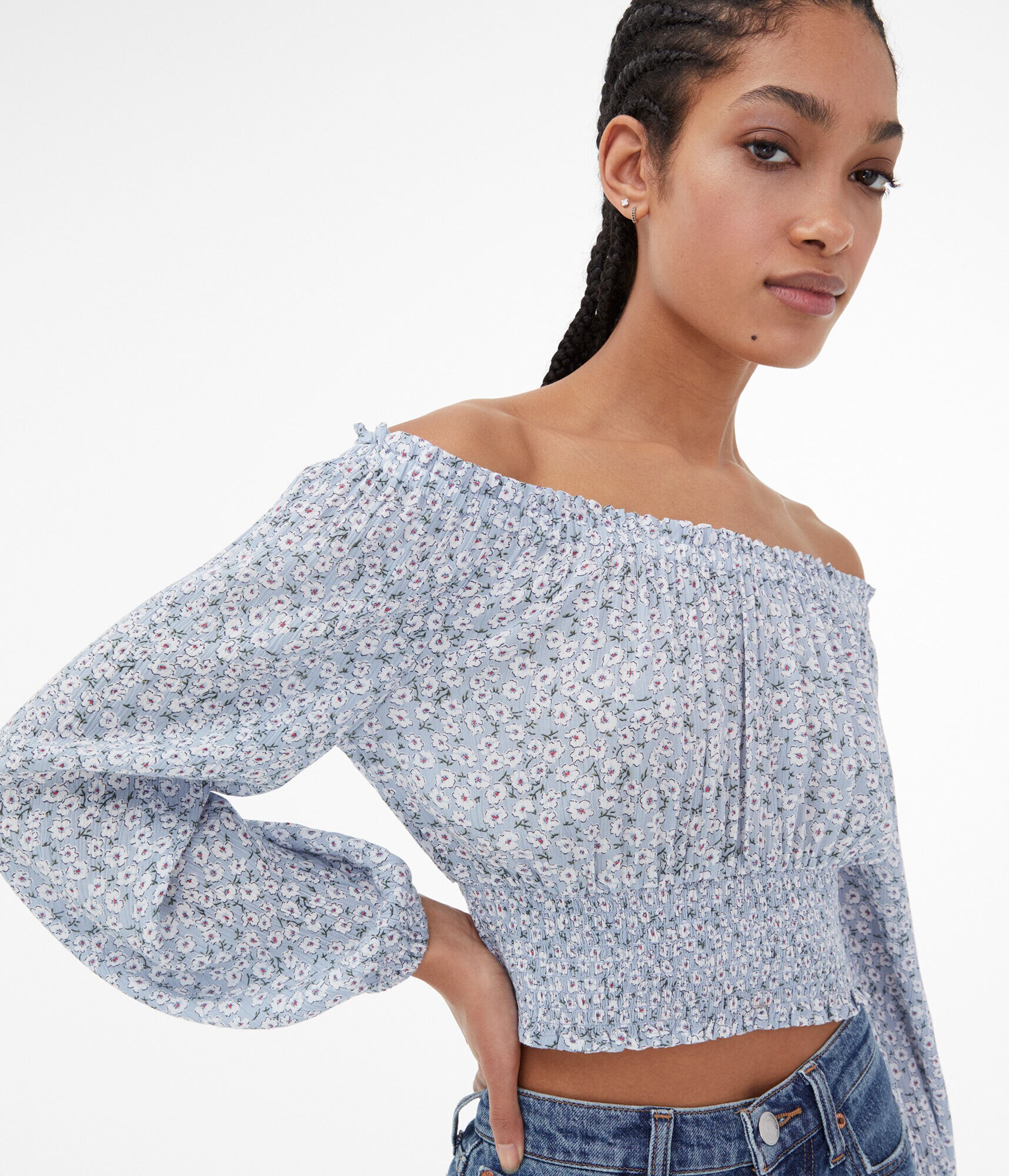 Long Sleeve Floral Off-The-Shoulder Crop Top***