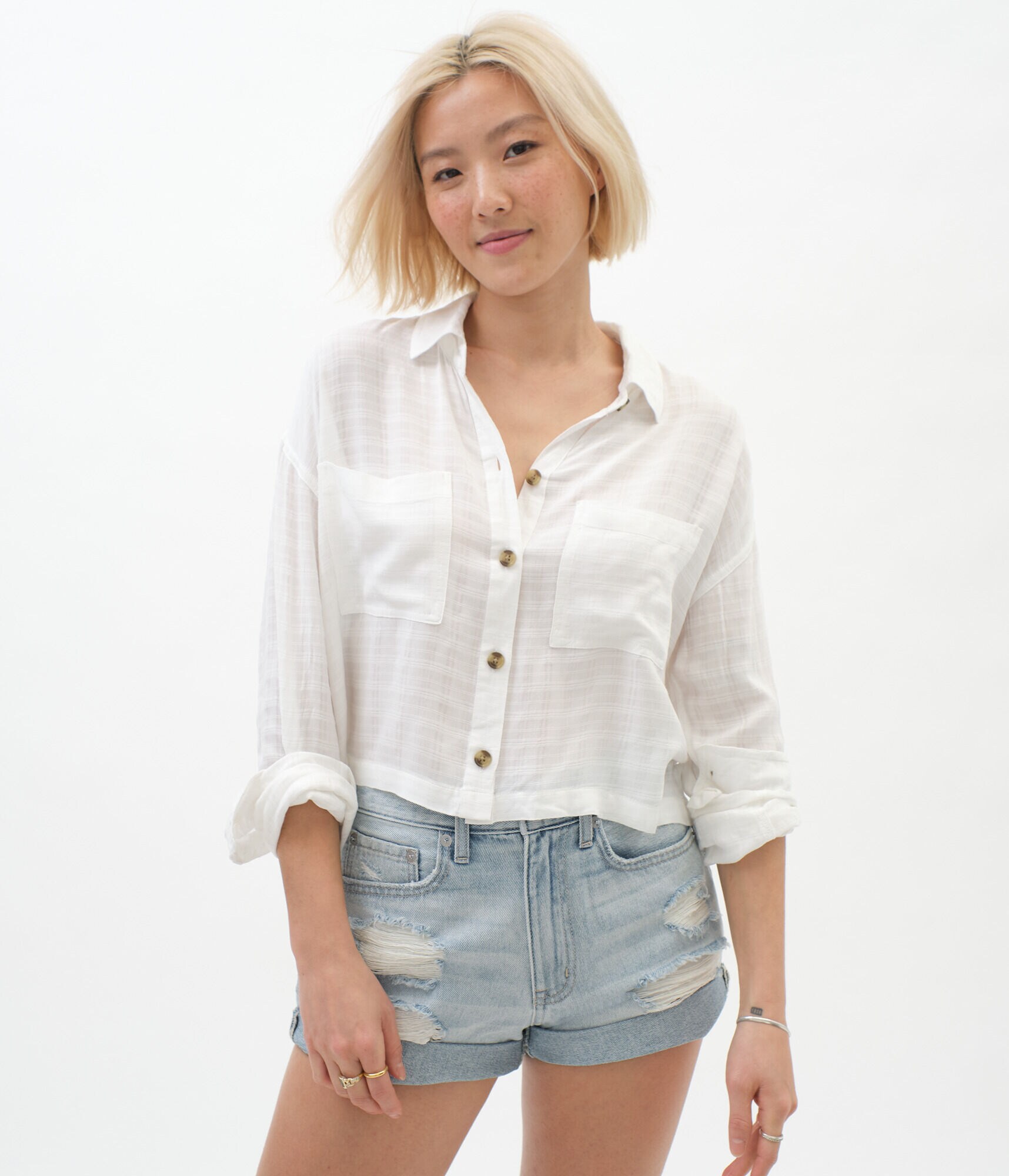 Long Sleeve Textured Button-Down Top