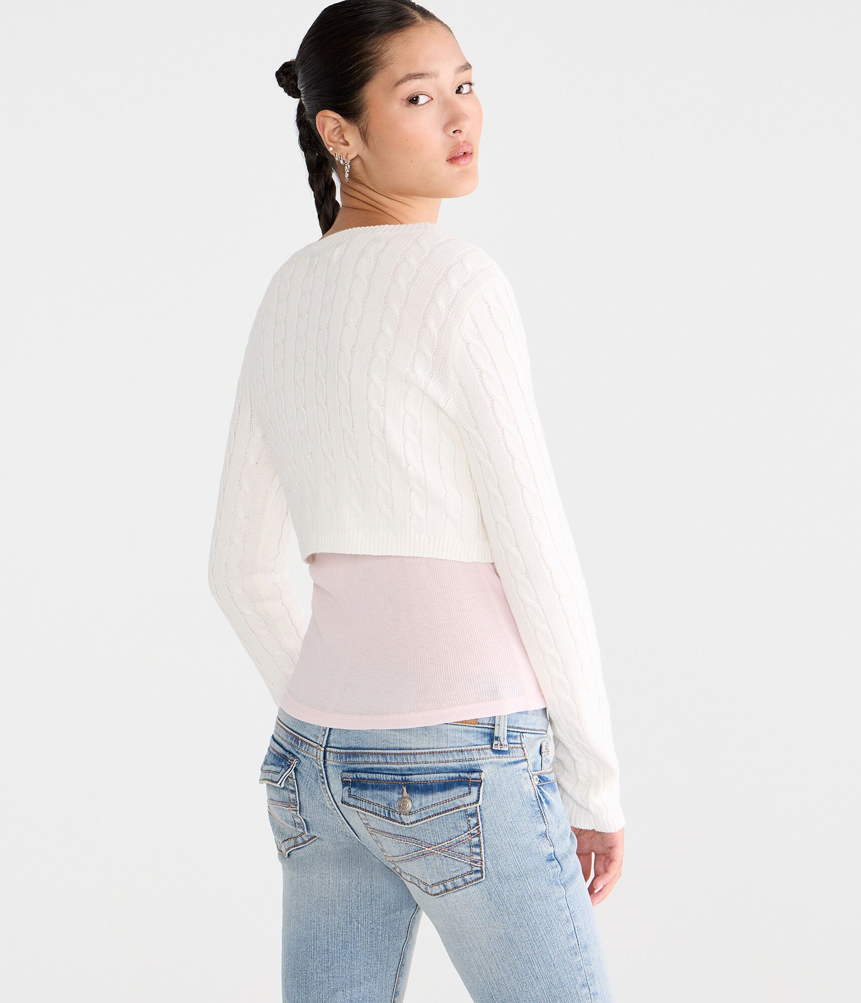 Long Sleeve Cable Tie-Front Sweater Shrug