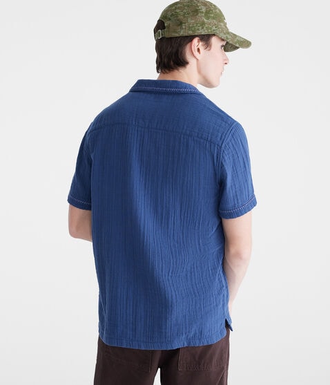 Short Sleeve Stitched Floral Gauze Camp Shirt Short Sleeve Stitched Floral Gauze Camp Shirt