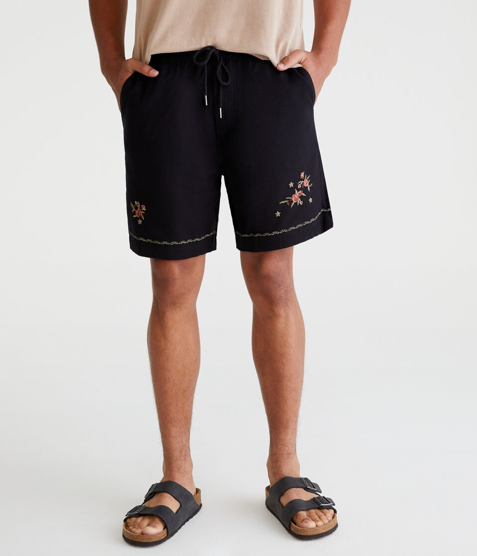 Embroidered Floral Linen Shorts 7"