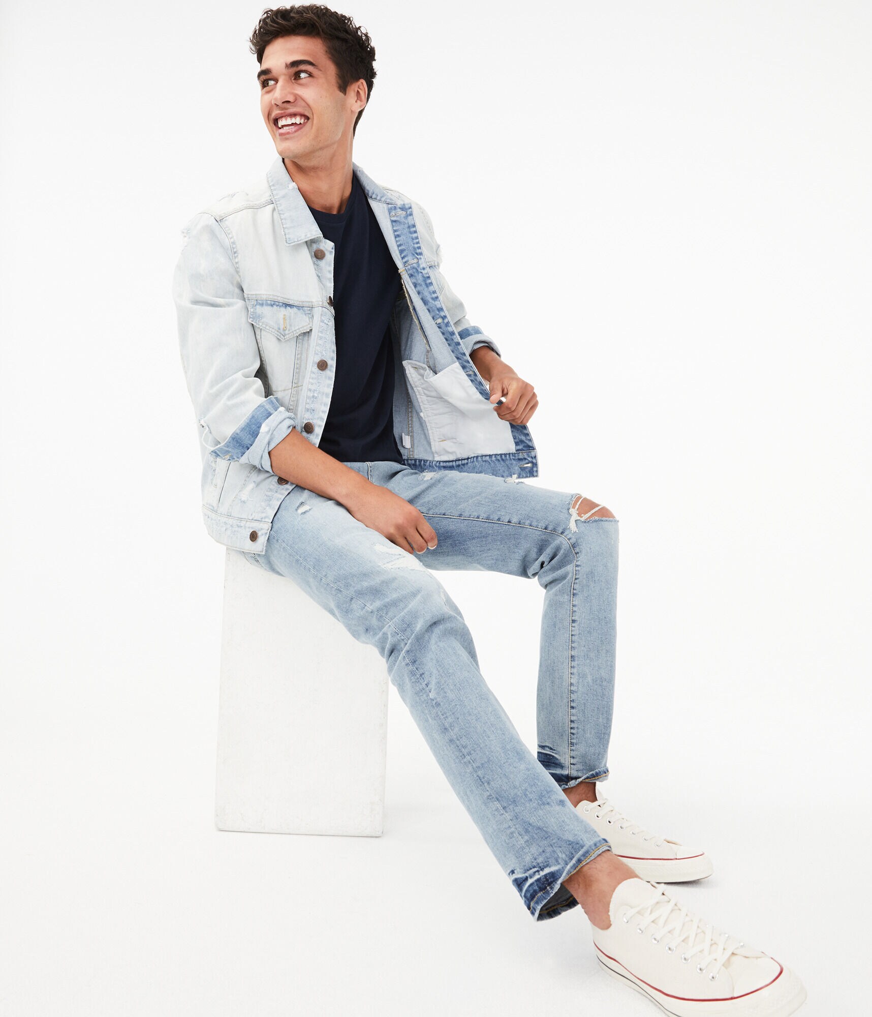 Slim Straight Light Wash Destroyed Stretch Jean