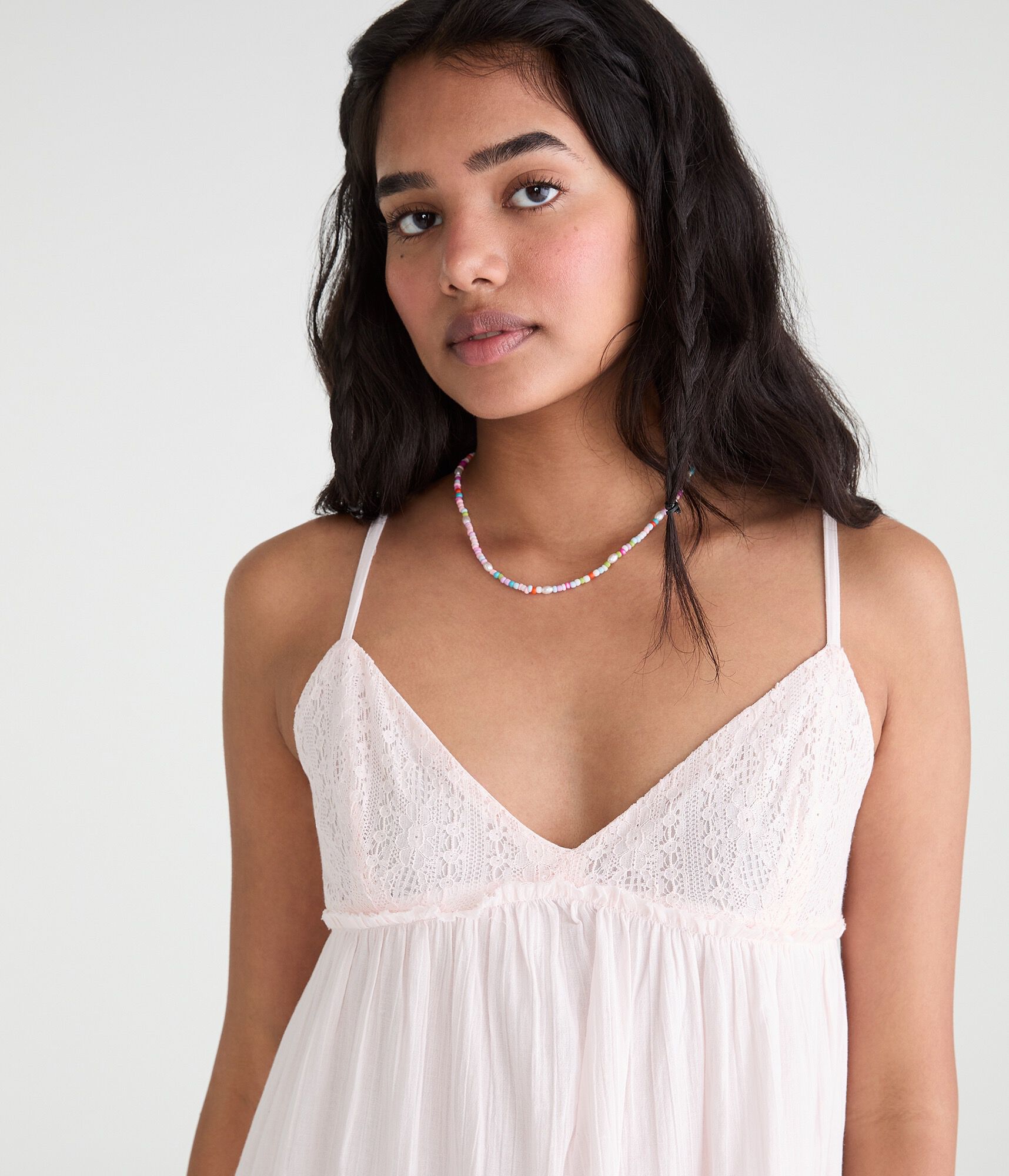 Solid V-Neck Crocheted Babydoll Mini Dress