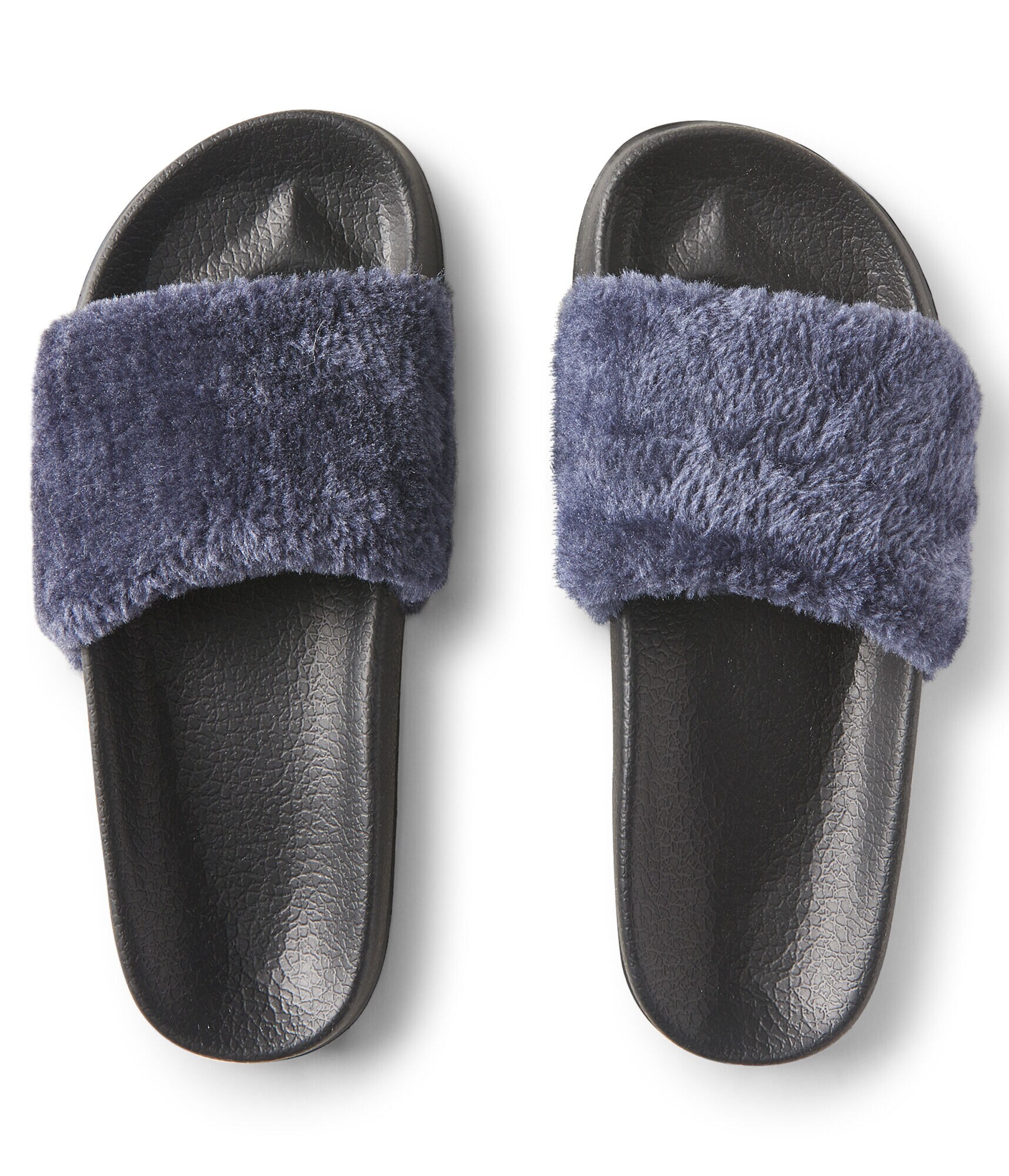Navy Blue Faux Fur Slides