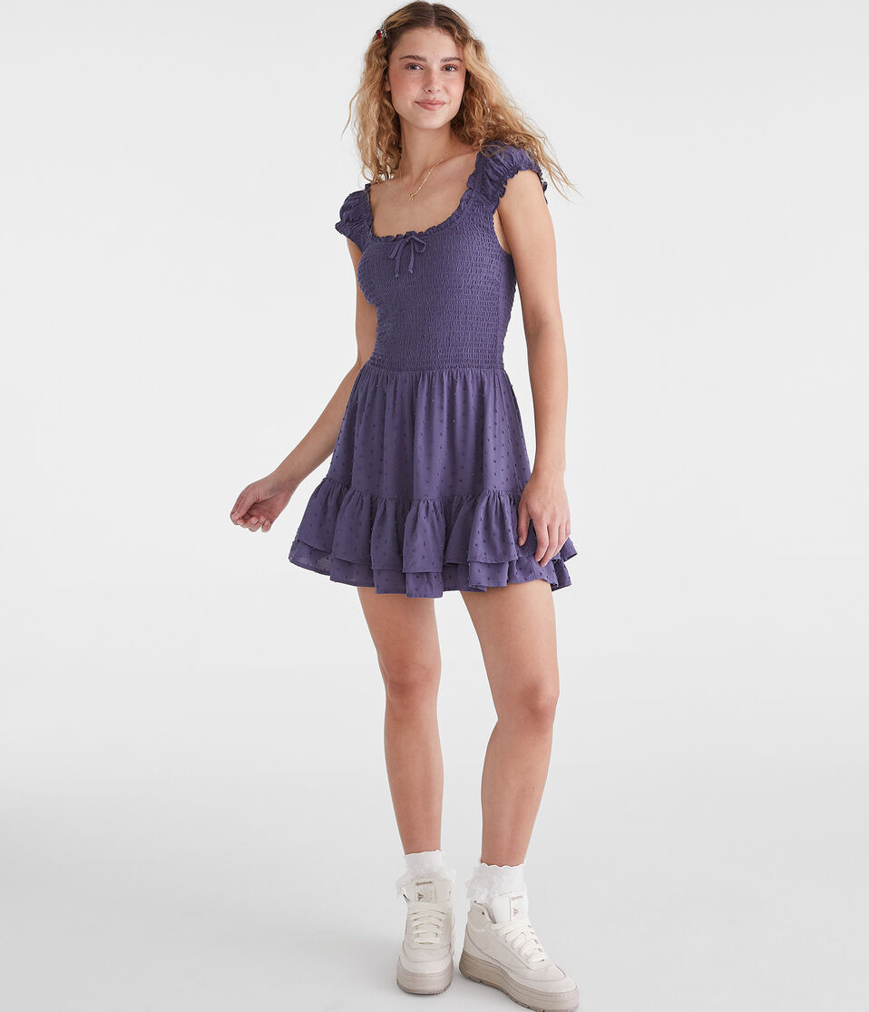 Solid Square-Neck Textured Dot Fit & Flare Dress