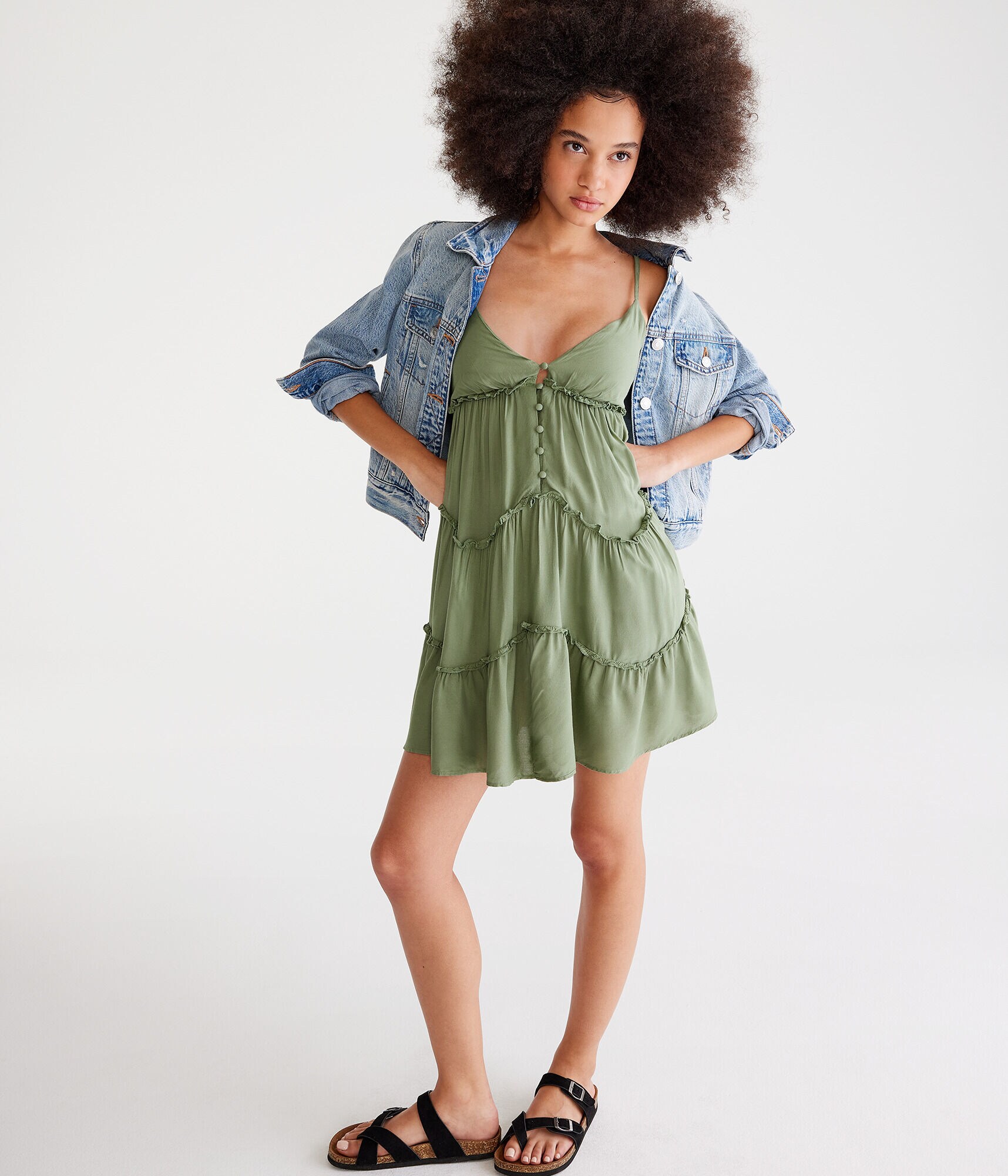 Solid V-Neck Wavy Ruffle Babydoll Dress
