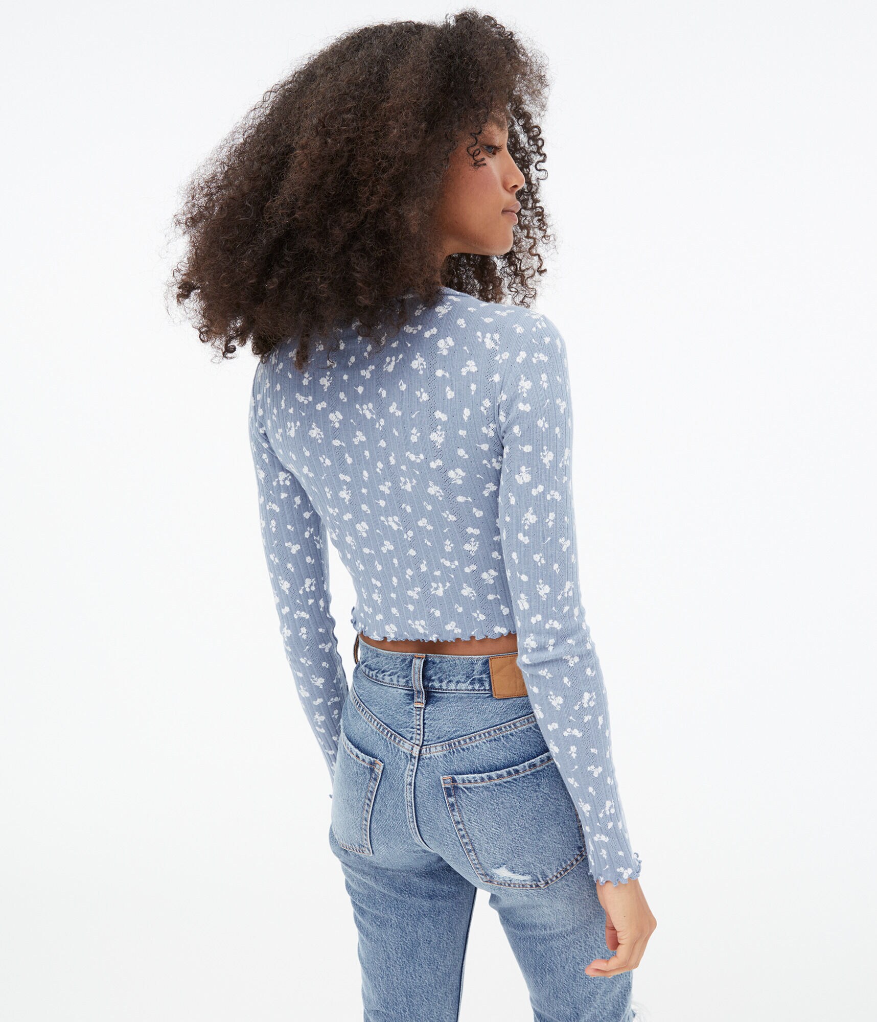 Long Sleeve Floral Pointelle Shrunken Tee