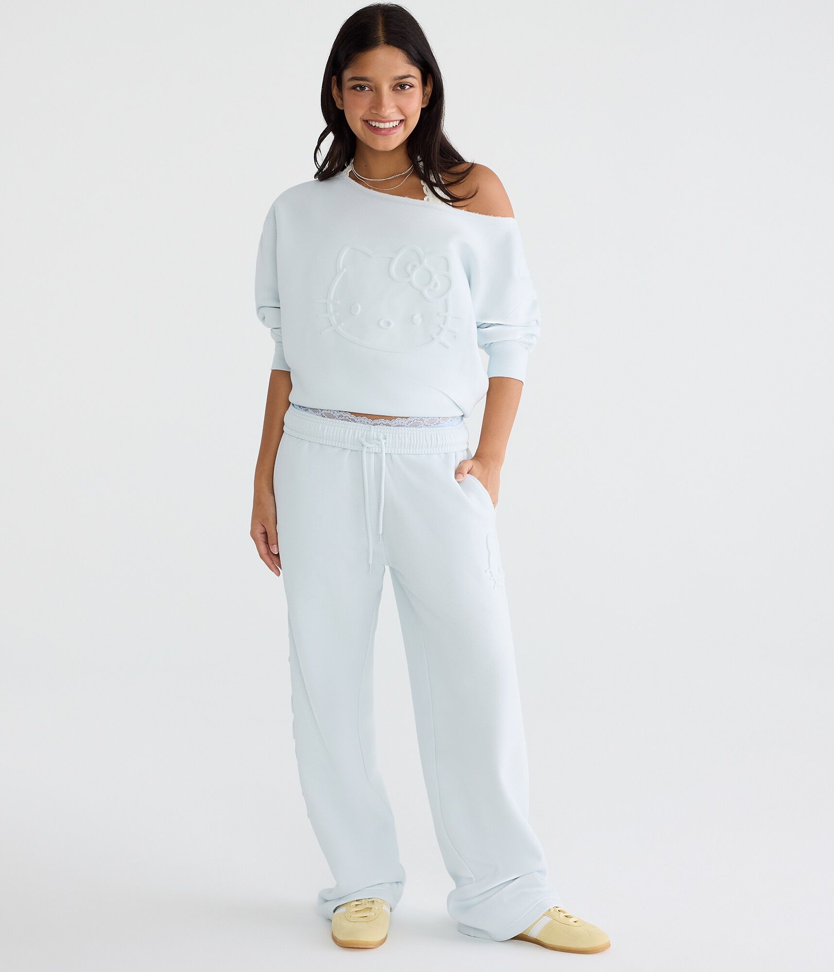 Hello Kitty Embossed Face Mid-Rise Straight Leg Sweatpants