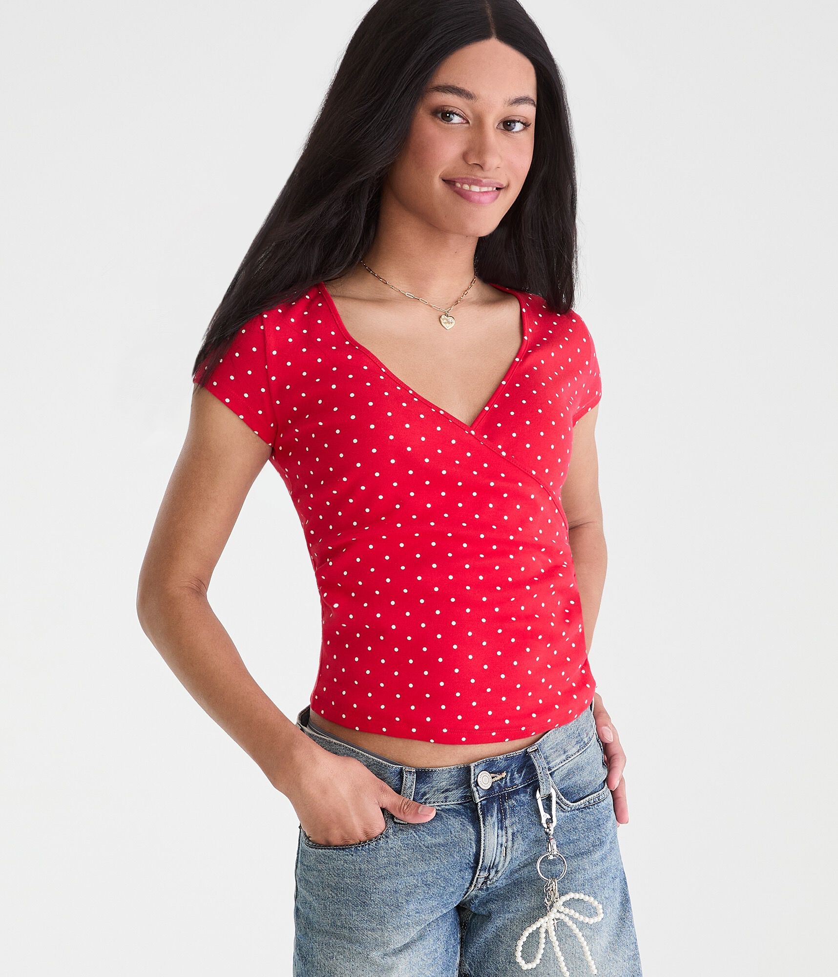 Seriously Soft Polka Dot Wrap-Front V-Neck Tee