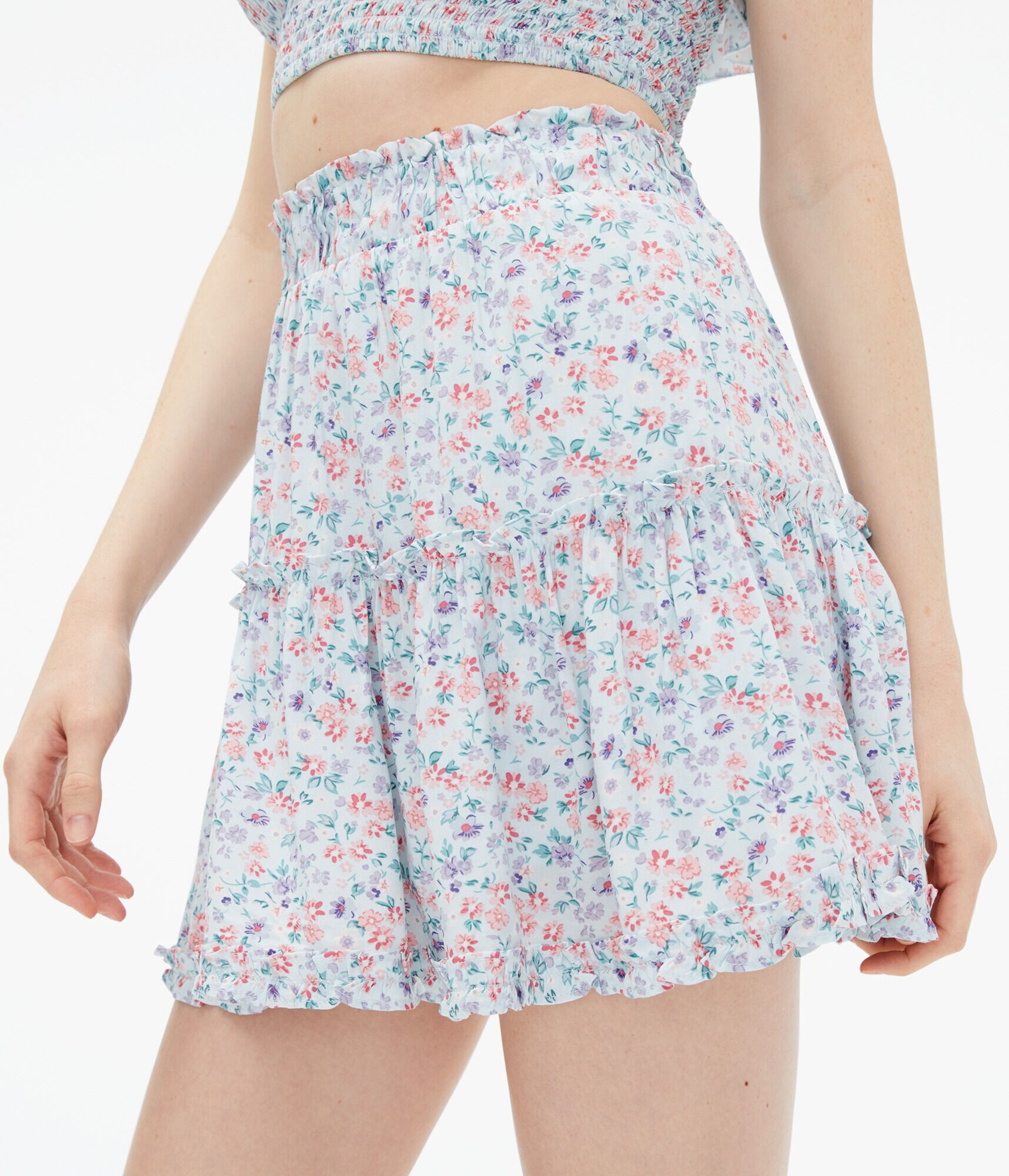 Floral High-Waisted Ruffle Skirt