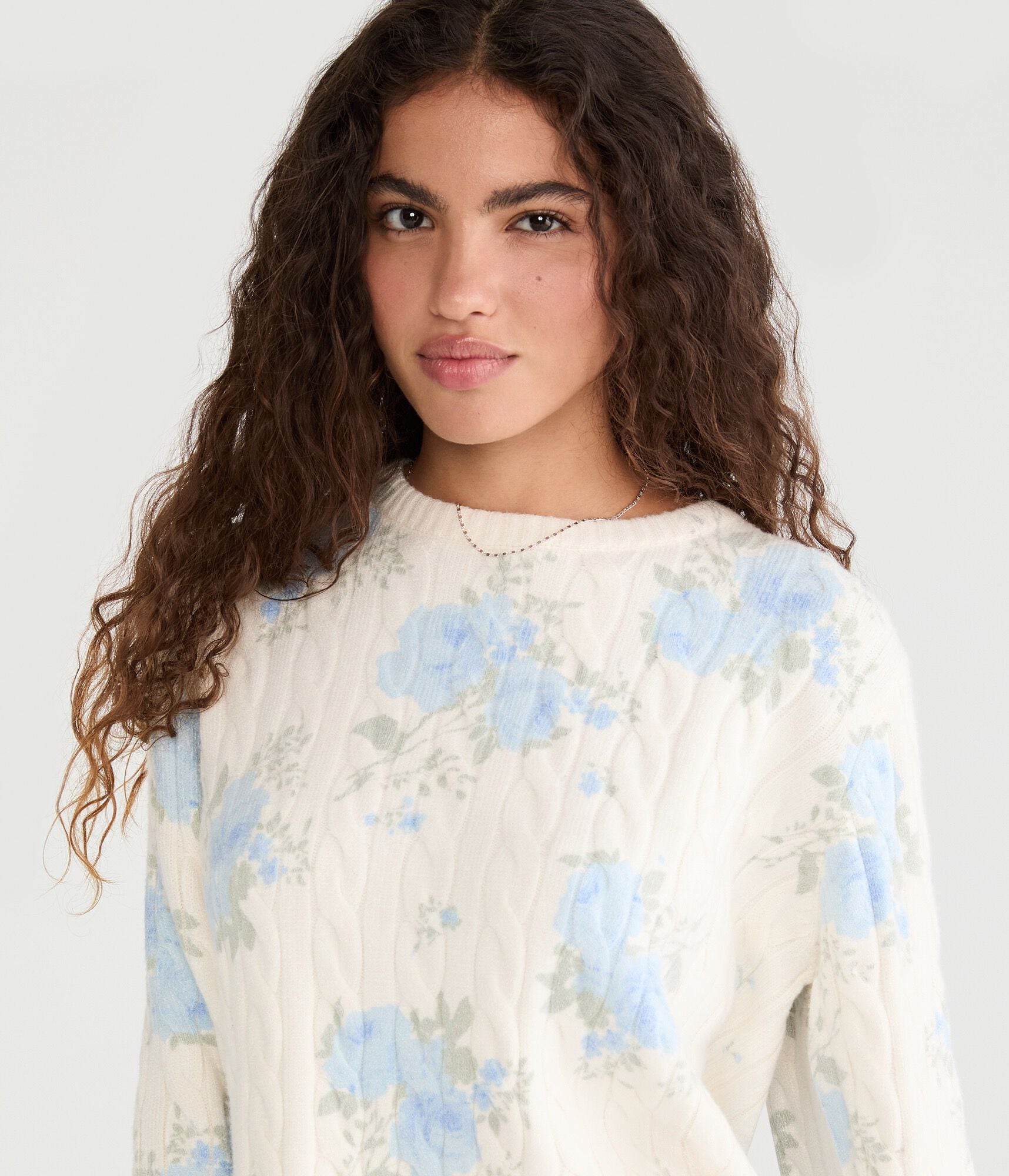 Floral Cable Knit Crew Sweater