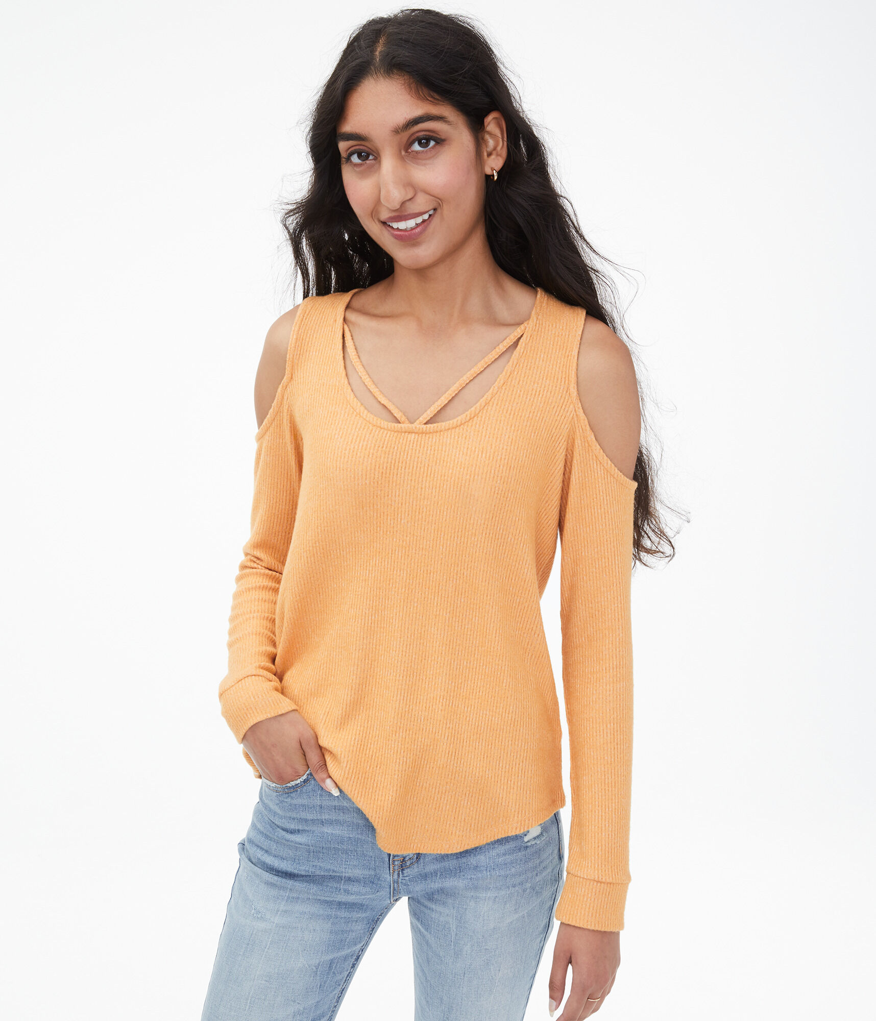 Long Sleeve Strappy Cold-Shoulder Top***