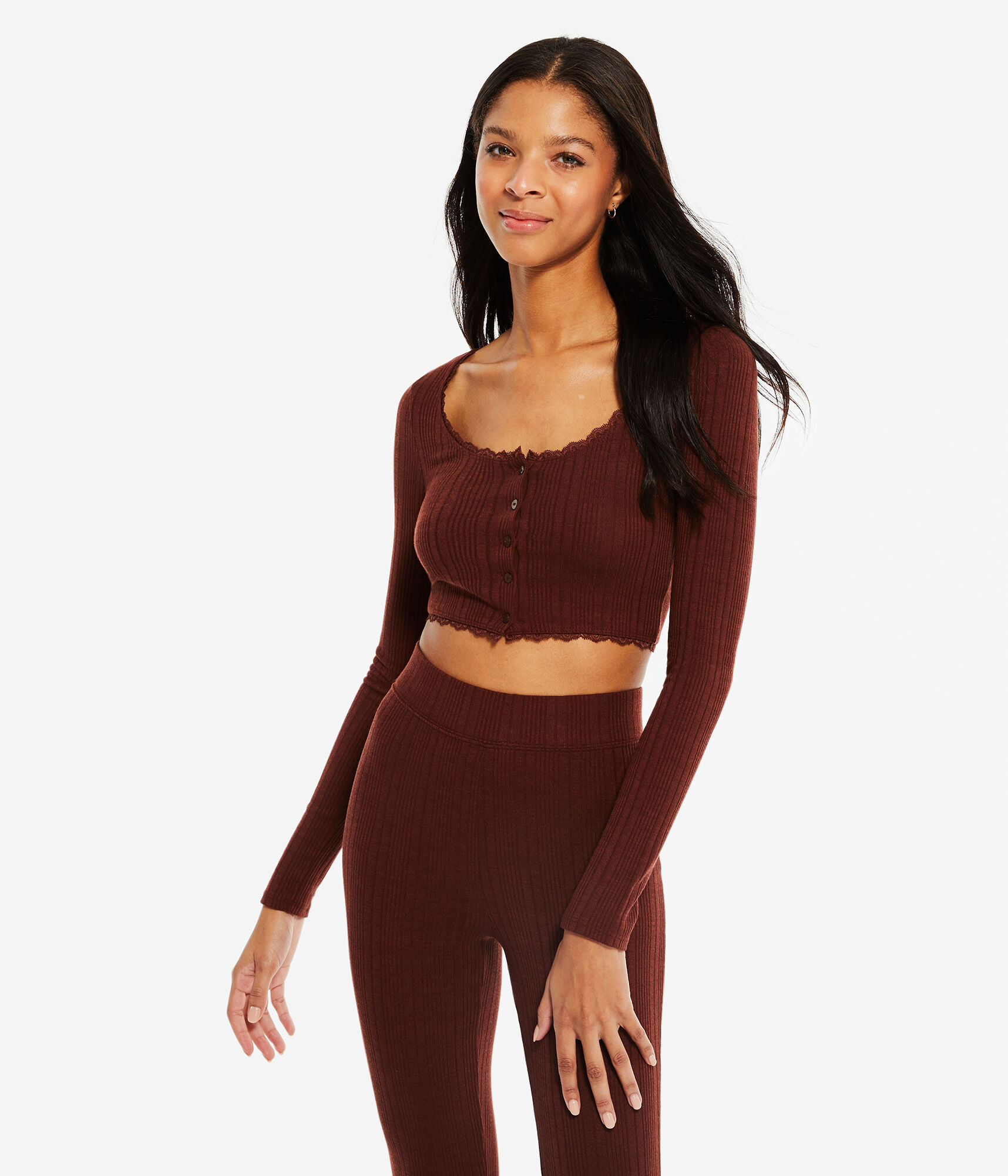Long Sleeve Ribbed Lace-Trim Cropped Sleep Top