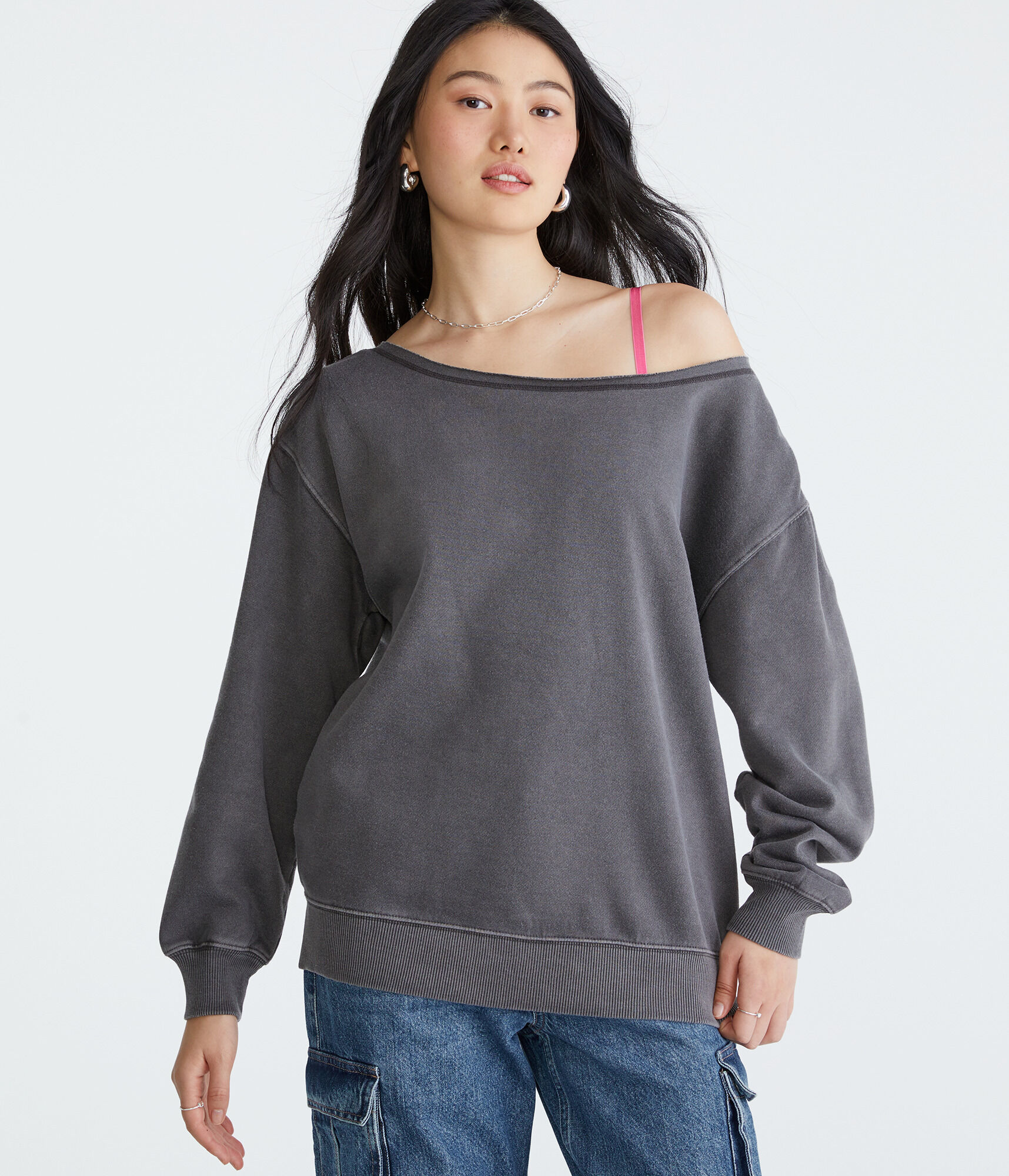 トップス andwang AND one shoulder bijou sweat GOLDSTITCH Women's Off Shoulder Batwing Sleeve Loose