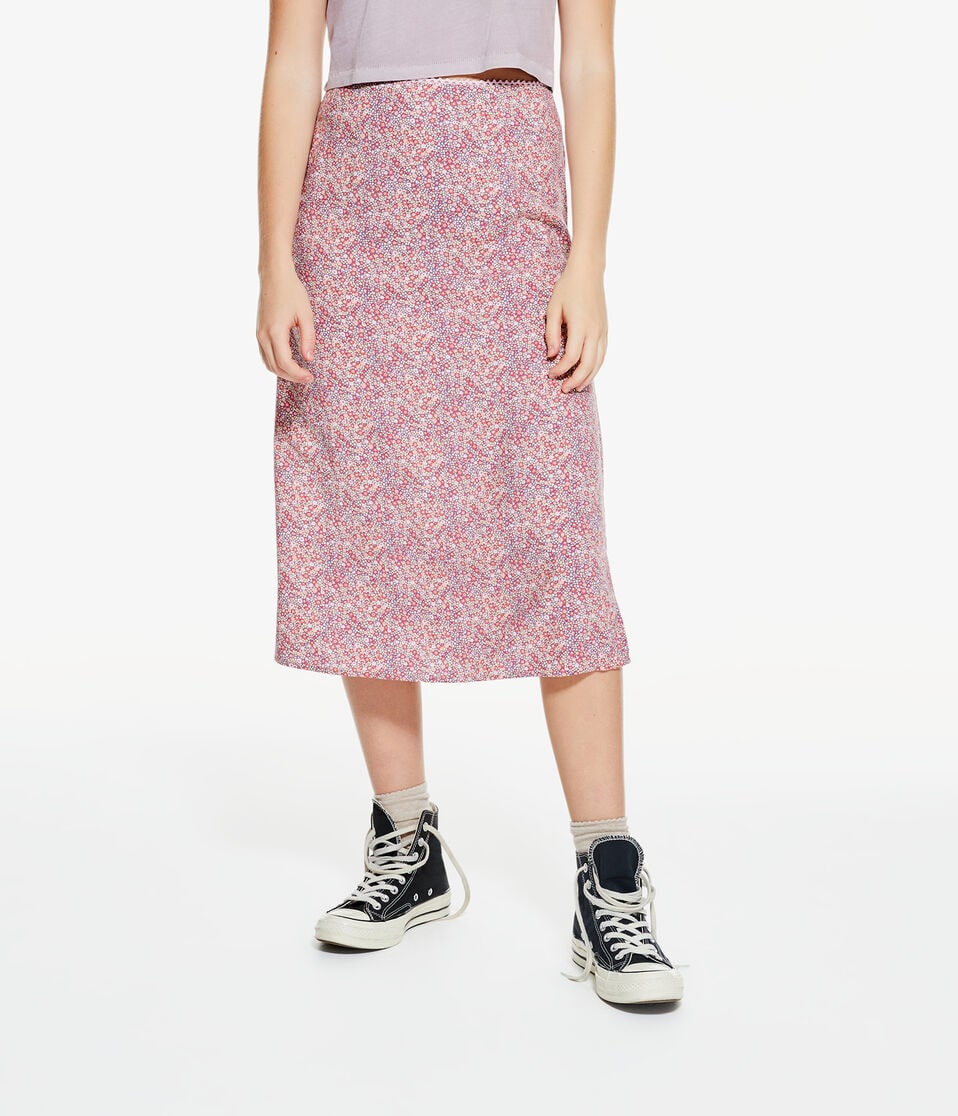 Floral High-Waisted Slip Midi Skirt