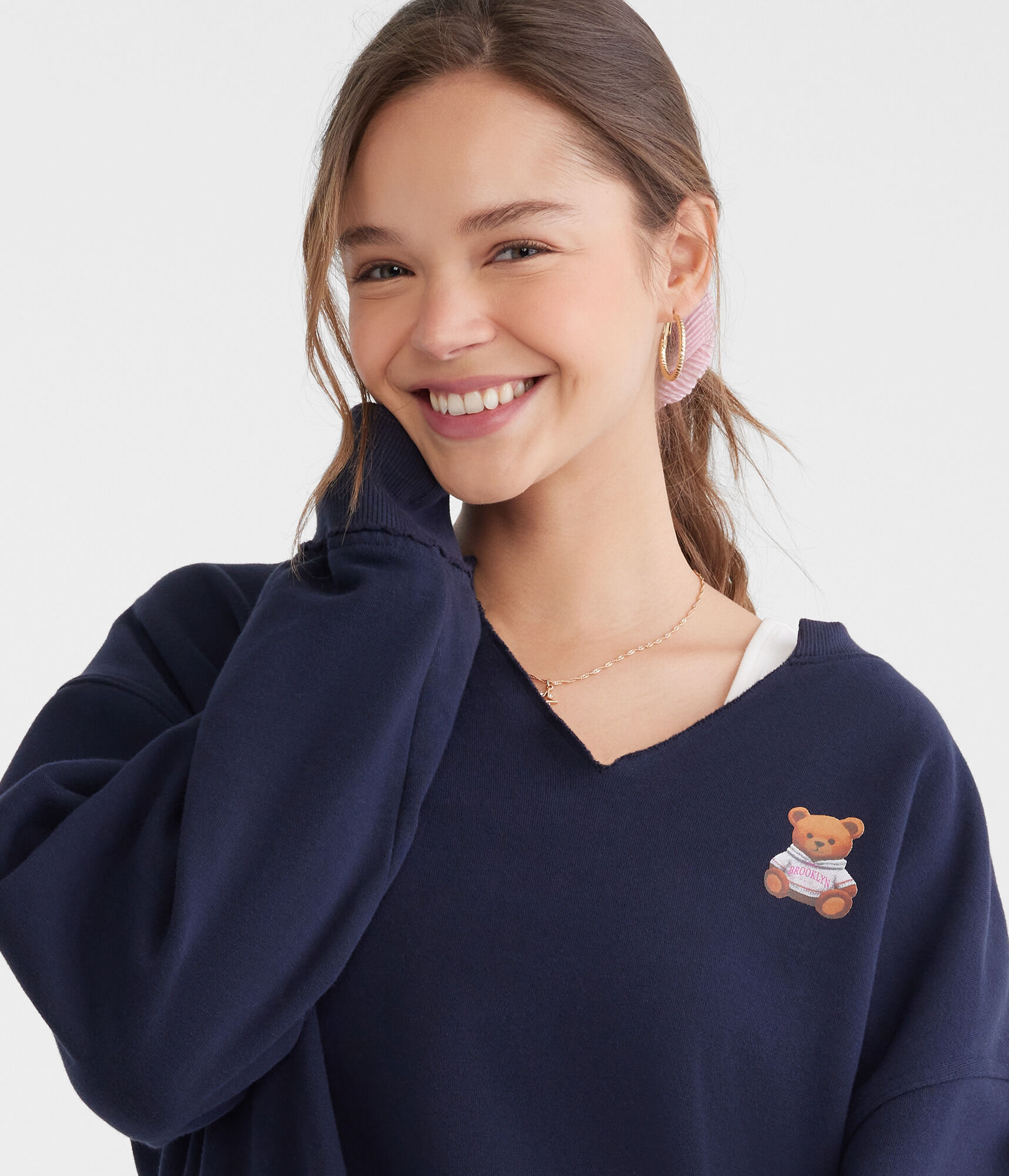 Teddy Bear Notch-Neck Sweatshirt