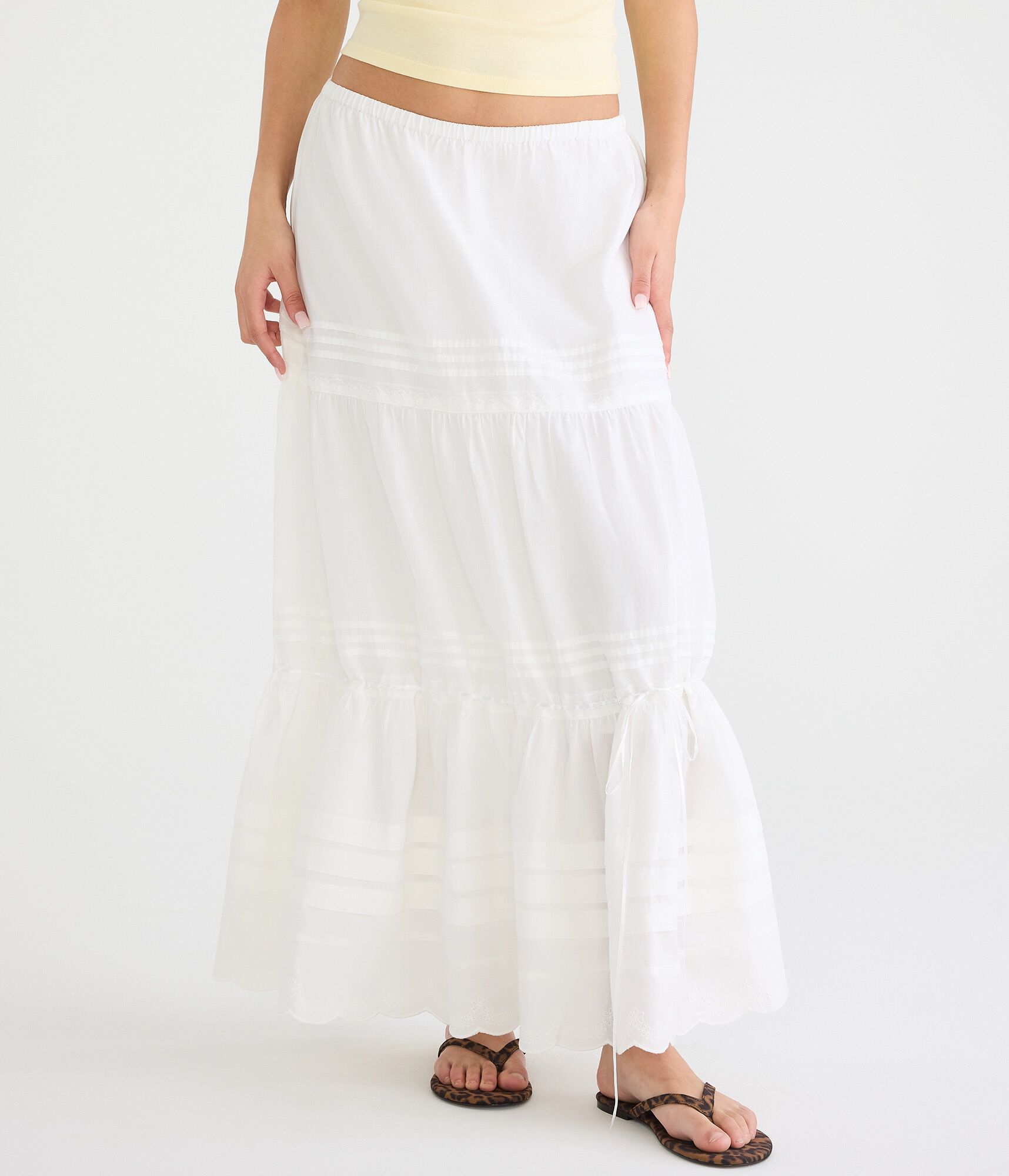 Pintuck &amp; Lace Tiered Maxi Skirt