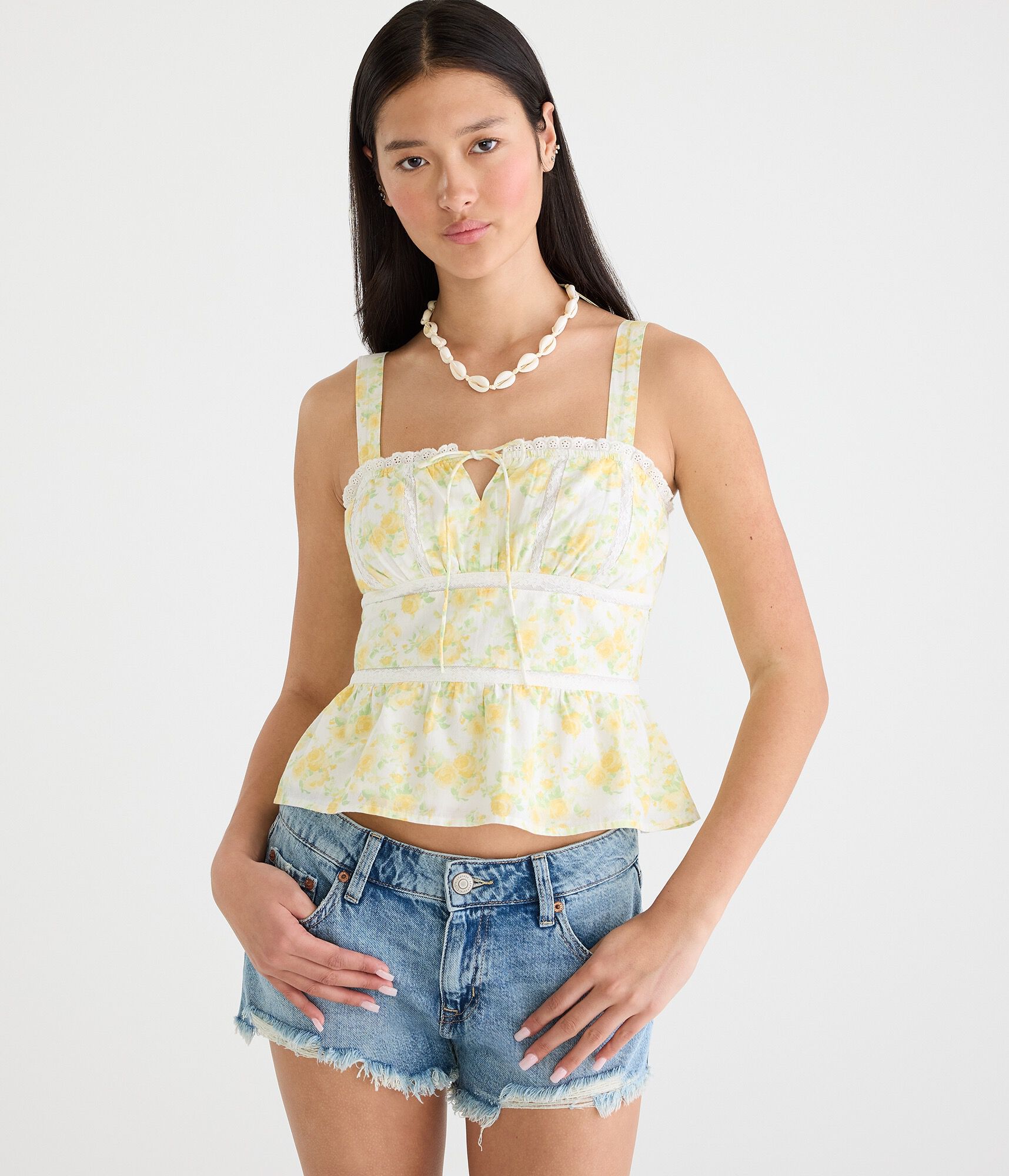 Floral Lace Inset Square-Neck Tank Top