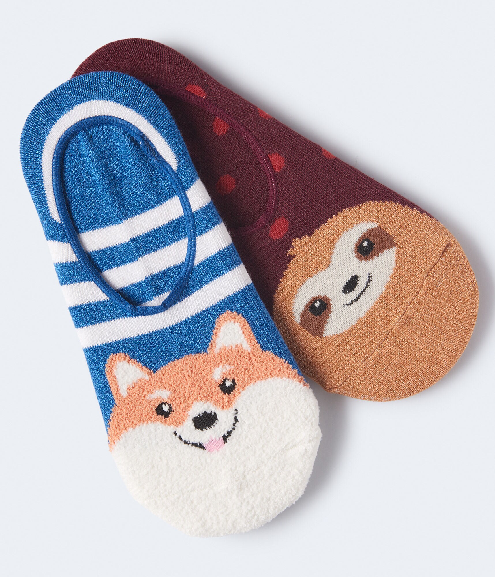 Fuzzy Corgi &amp; Sloth No-Show Sock 2-Pack