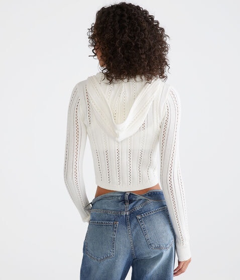 Pointelle Cropped Zip-Front Hooded Sweater