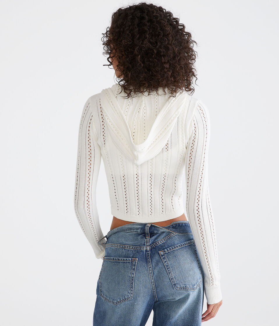 Pointelle Cropped Zip-Front Hooded Sweater