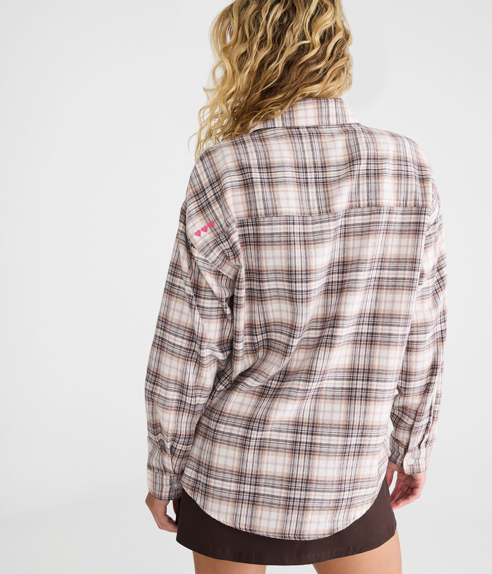 Long Sleeve Embroidered Hearts Plaid Flannel Shirt