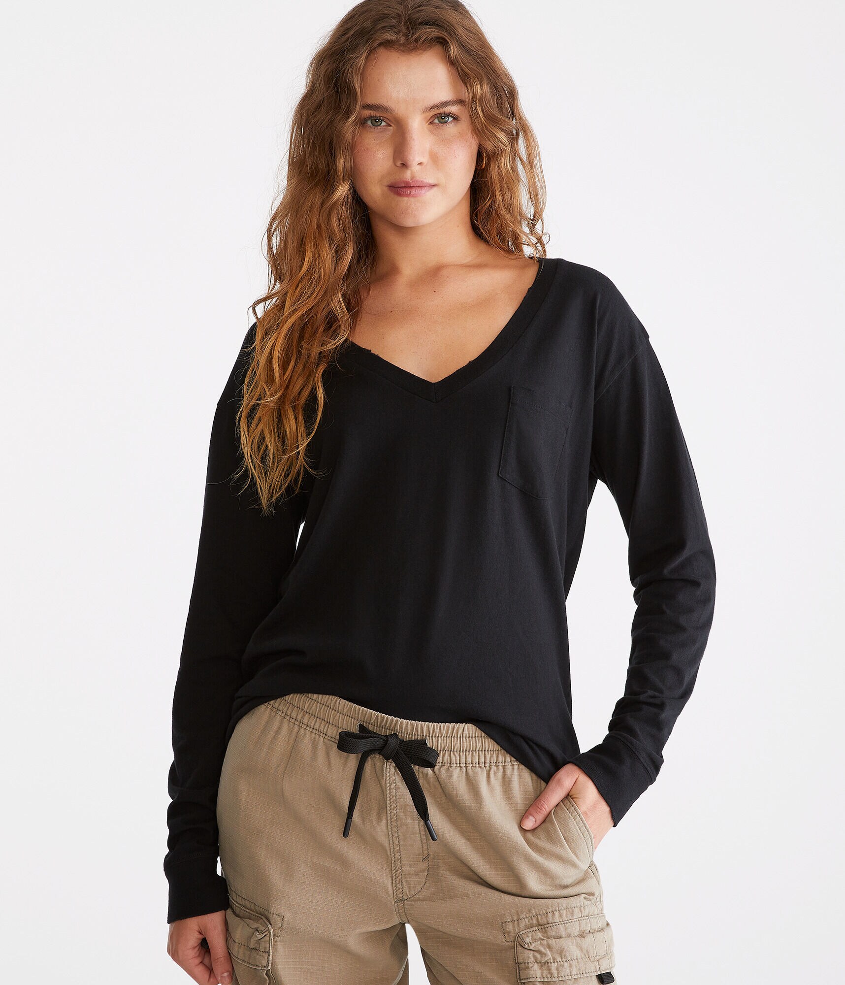 Long Sleeve Loose Fit V-Neck Pocket Tee