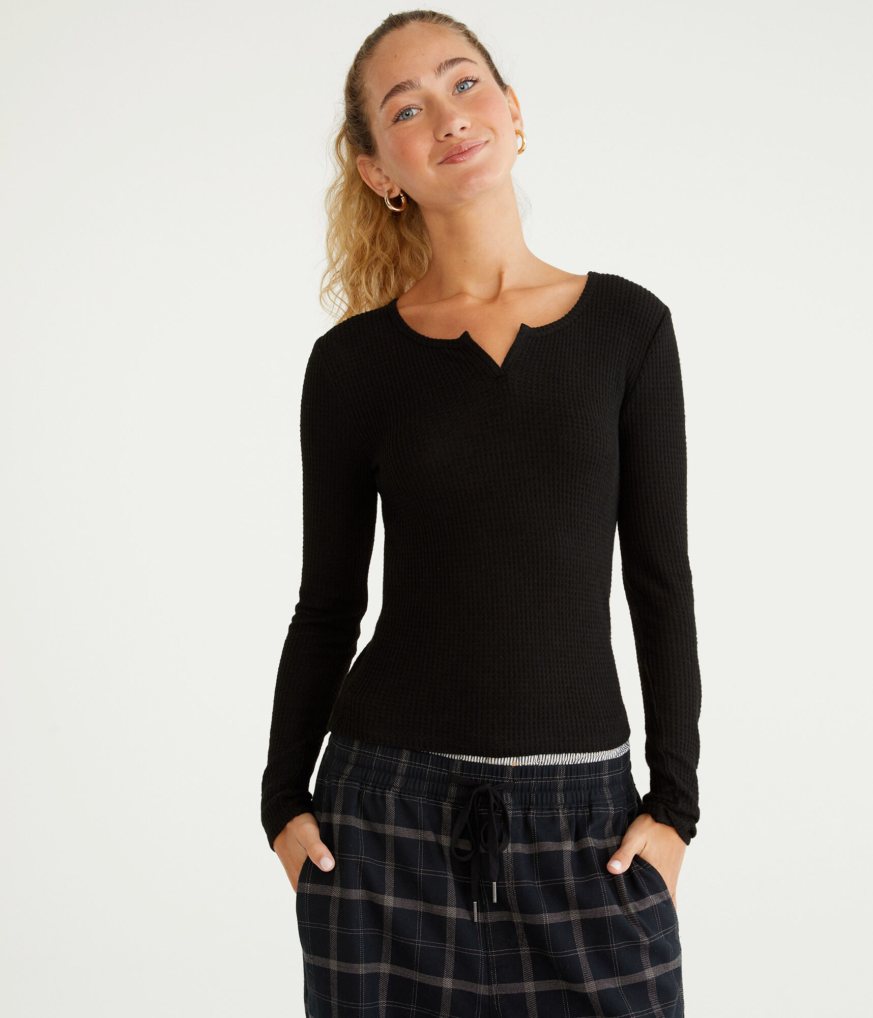 Long Sleeve Waffle Notch-Neck Shrunken Tee