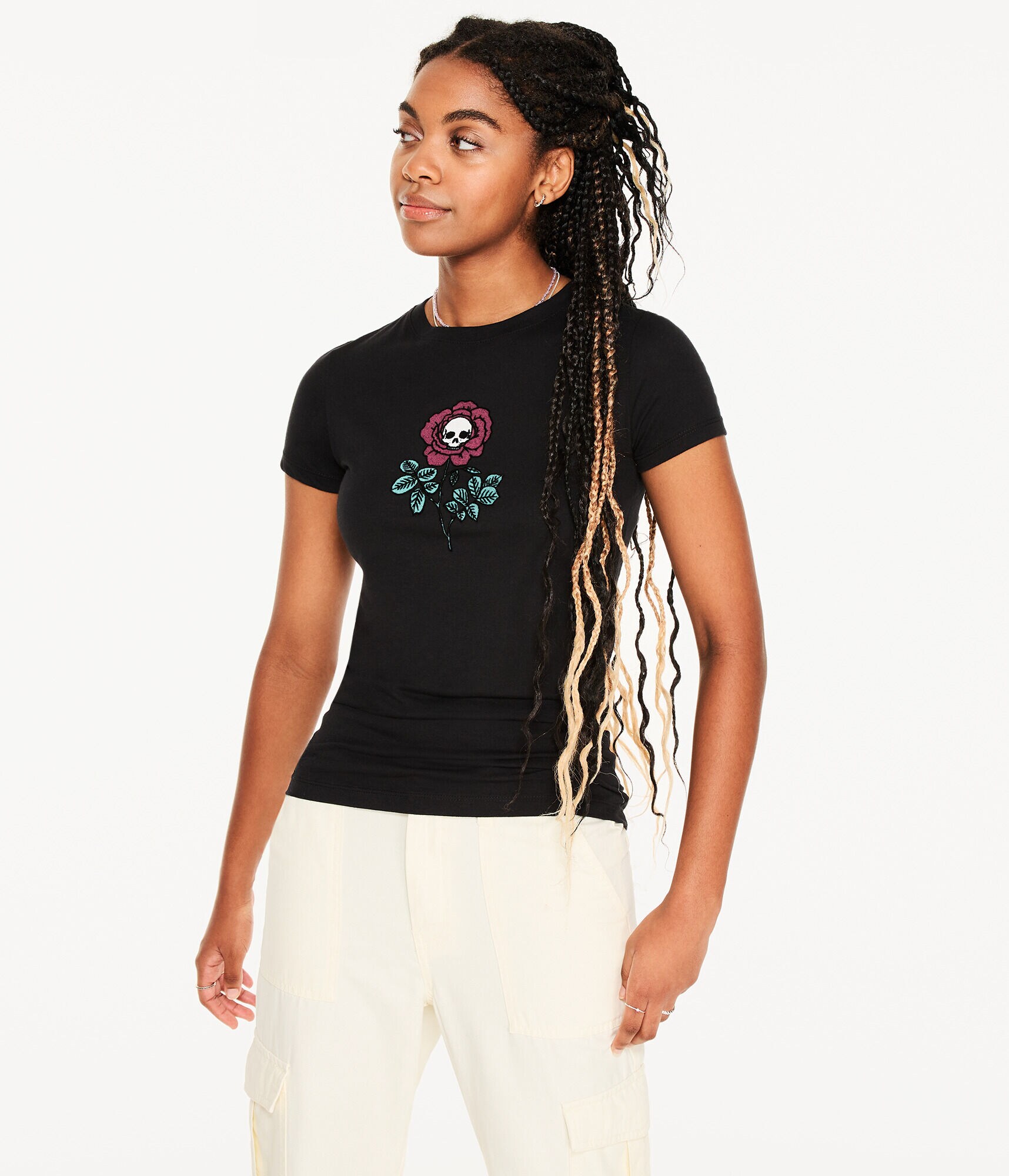 Skull Rose Flocked Graphic Tee