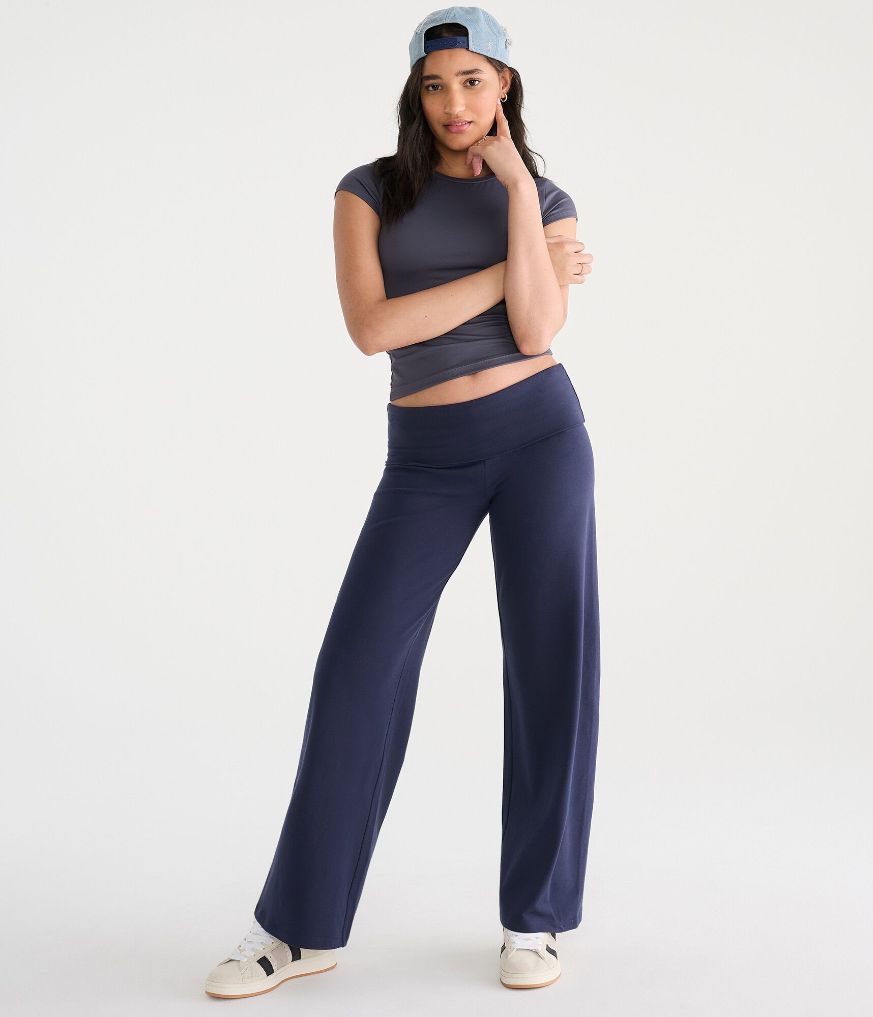 Low-Rise Fold-Over Wide Leg Pants