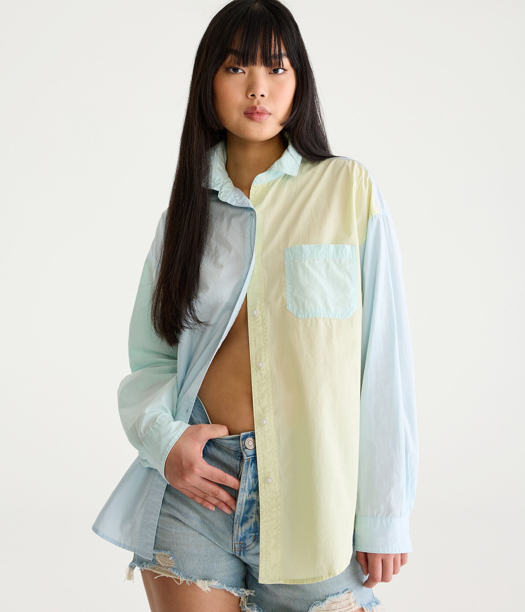 Long Sleeve Colorblocked Oversized Button-Down Shirt