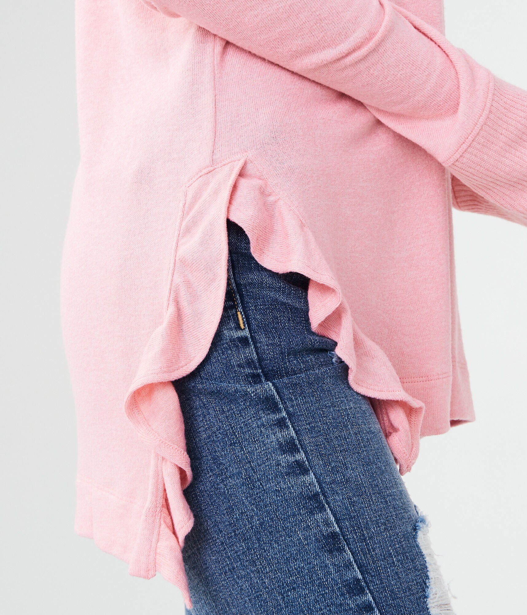 LLD Long Sleeve Side Ruffle V-Neck Top***