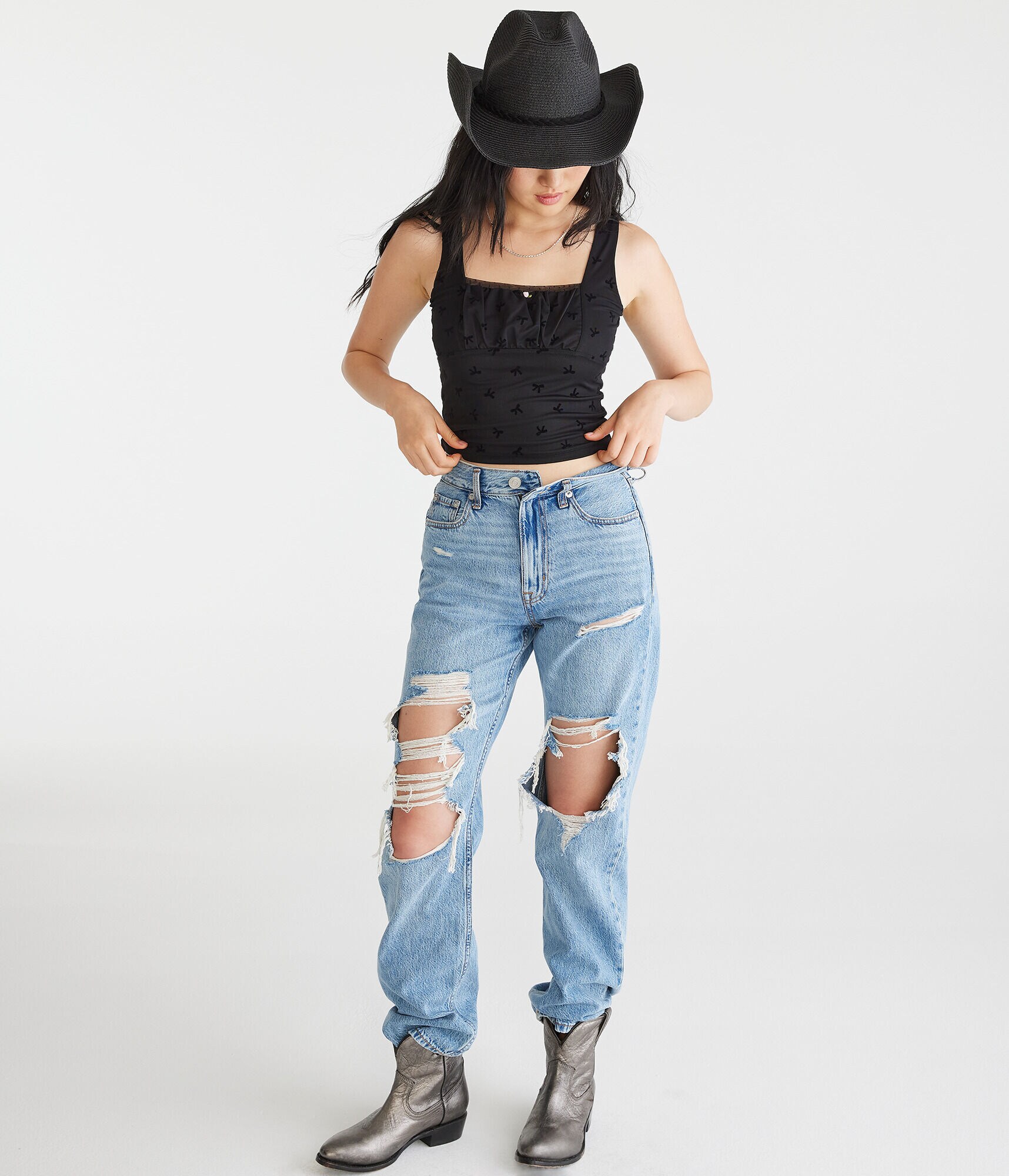 Flocked Bow Mesh Cropped Tank