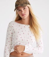 Long Sleeve Floral Pointelle Open-Neck Tee