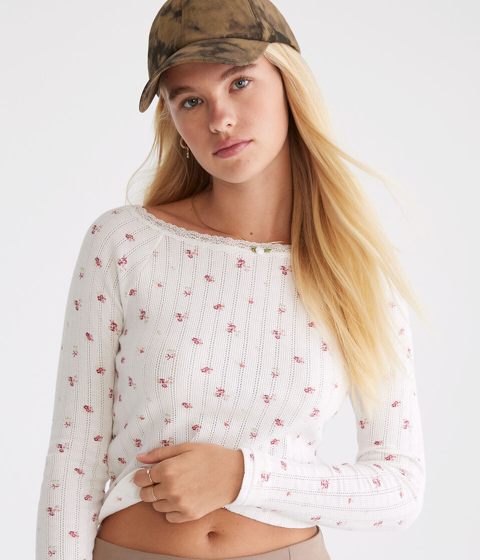 Long Sleeve Floral Pointelle Open-Neck Tee