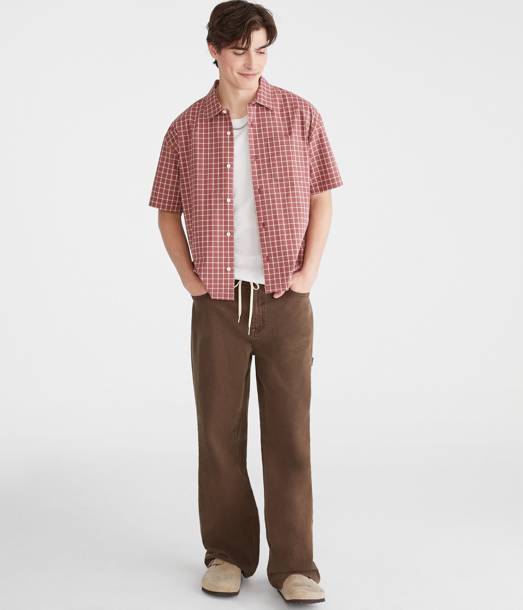 Short Sleeve Micro Plaid Boxy Shirt