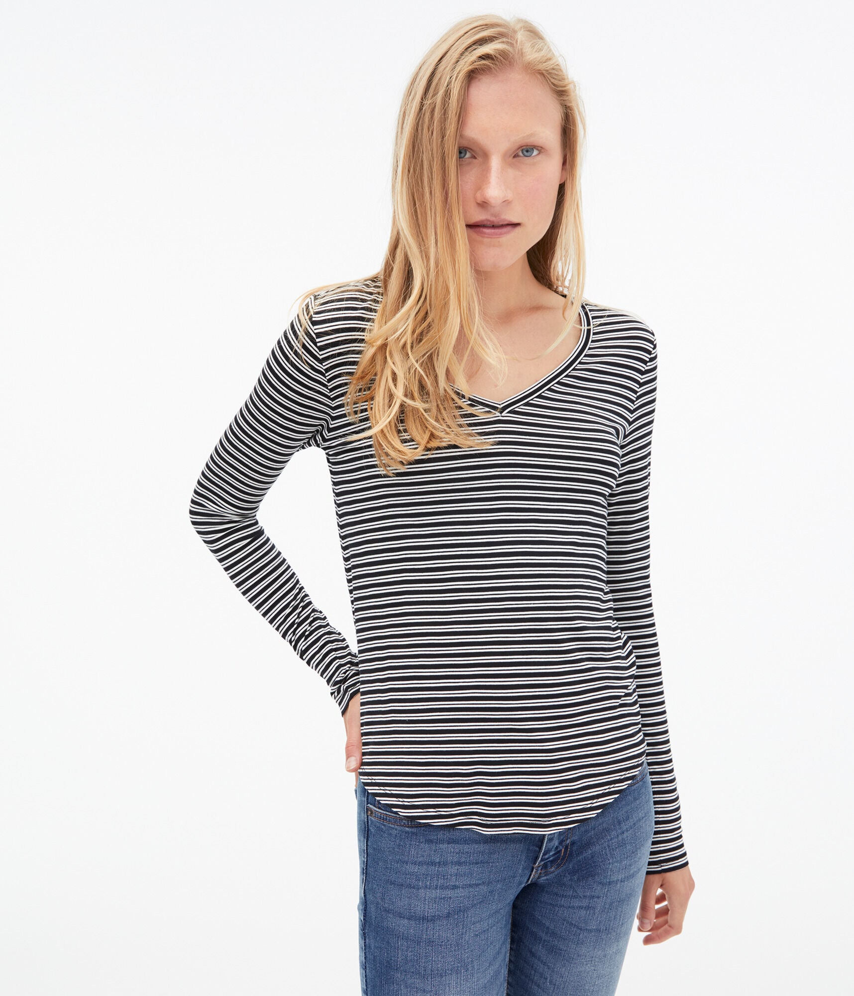 black and white striped v neck tee