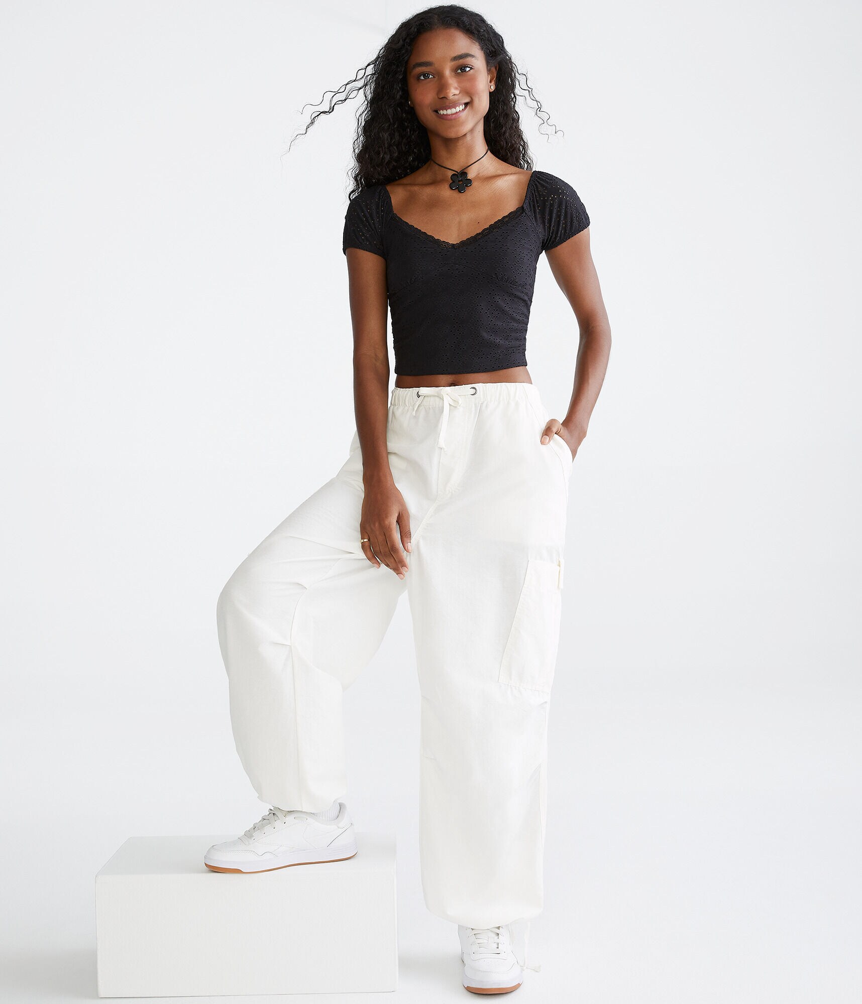 Eyelet Ruched Lace-Trim Crop Top