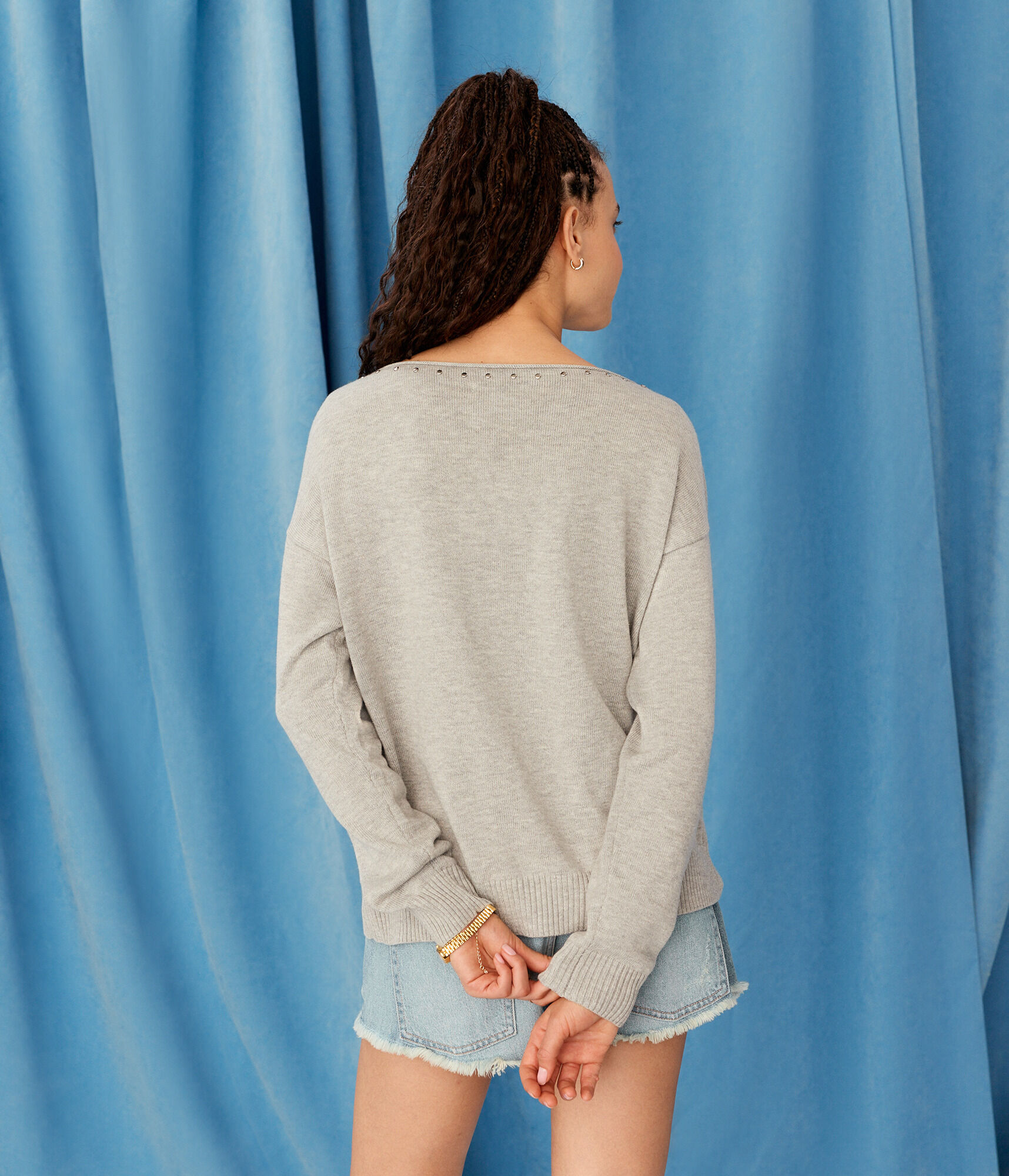 Demetra for Aero Studded Slash-Neck Sweater