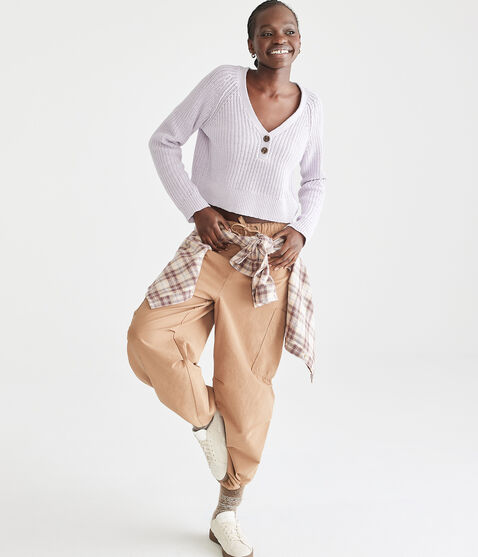 Ribbed Cropped V-Neck Henley Sweater